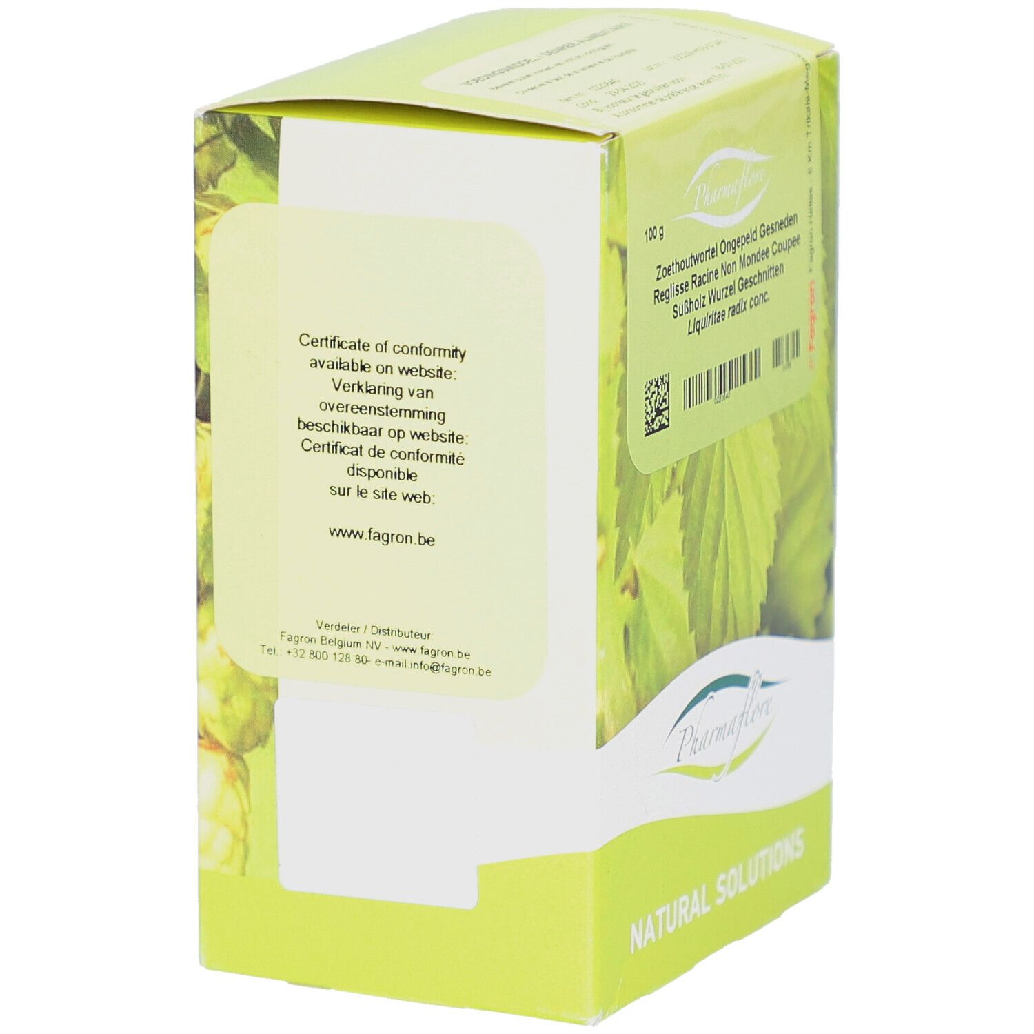 Rückseite der Kartonverpackung. Text: Certificate of conformity available on website. www.fagron.be
