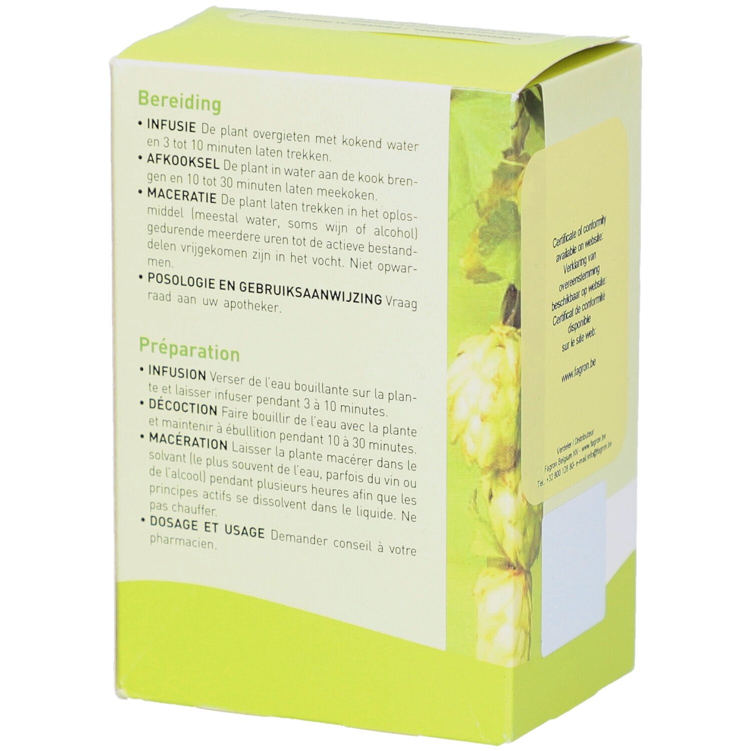 Rückseite der Kartonverpackung mit Zubereitungshinweisen. Infusion, décoction, macération. Dosierung und Anwendung.
