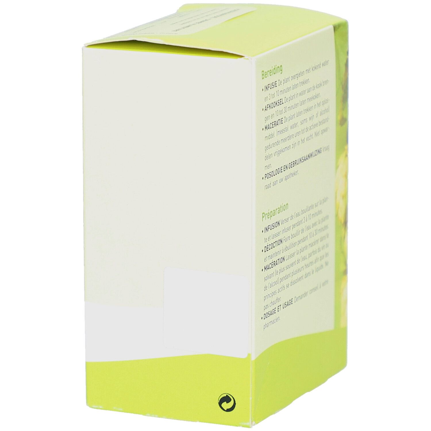 Seitenansicht der Kartonverpackung. Text und grünes Logo. Recycling-Symbol.