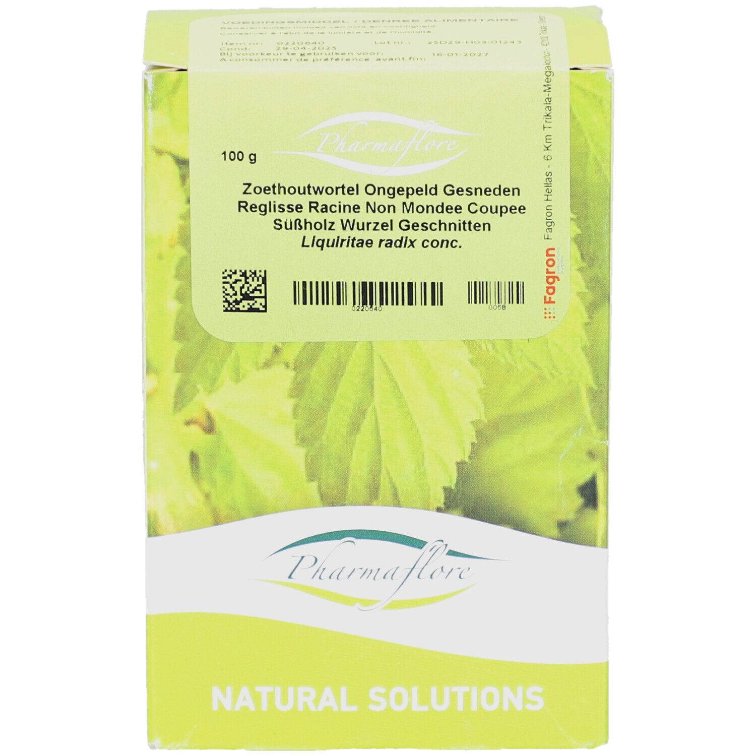 Kartonverpackung mit Produktnamen und Inhaltsangabe. Pharmaflore Racine de Réglisse Non Mondée Coupée. 100 g.
