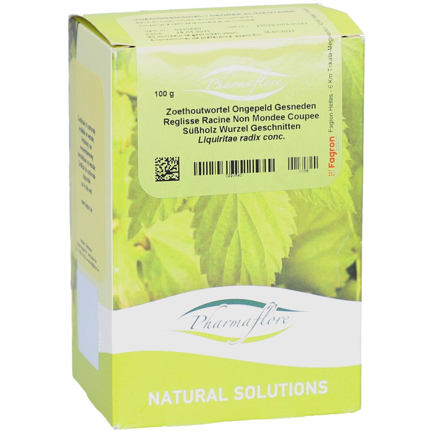Kartonverpackung mit Produktnamen und Inhaltsangabe. Pharmaflore Racine de Réglisse Non Mondée Coupée. 100 g.