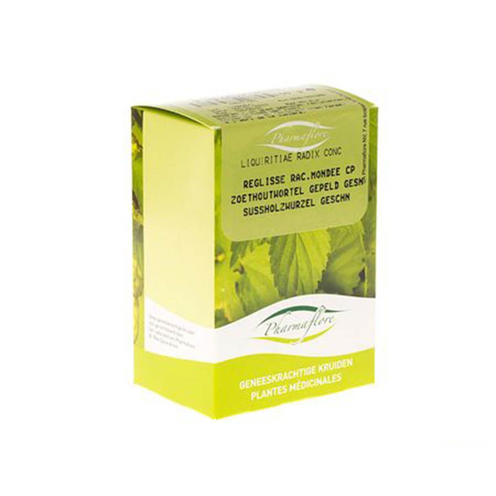 Petite boîte verte avec logo Pharmaflore. Texte : Réglisse, Zoethoutwortel, Süßholzwurzel. Plantes médicinales.