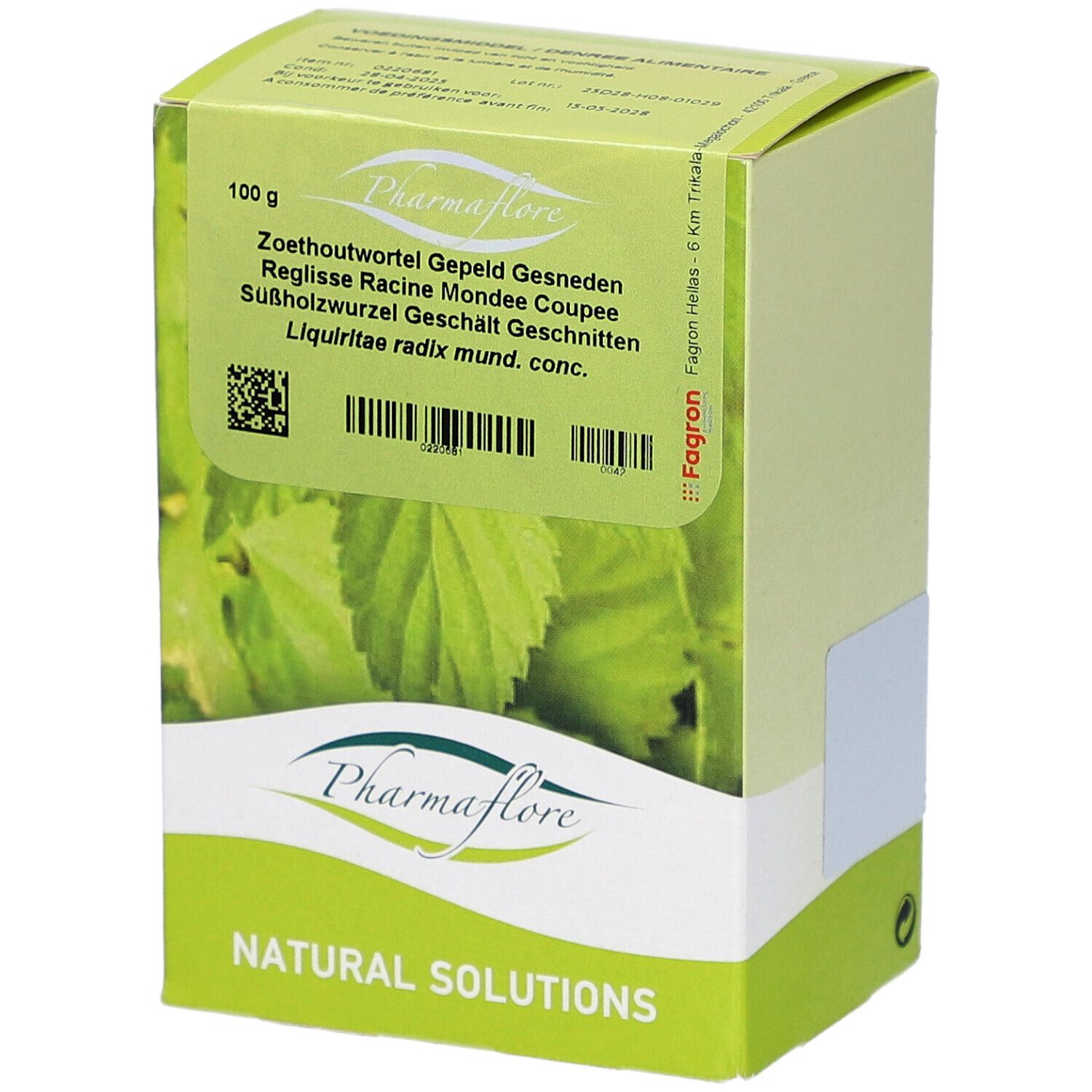 Grüne Schachtel mit Pharmaflore-Logo. Text: Zoethoutwortel, Réglisse, Süßholzwurzel. 100 g. Natürliche Lösungen.