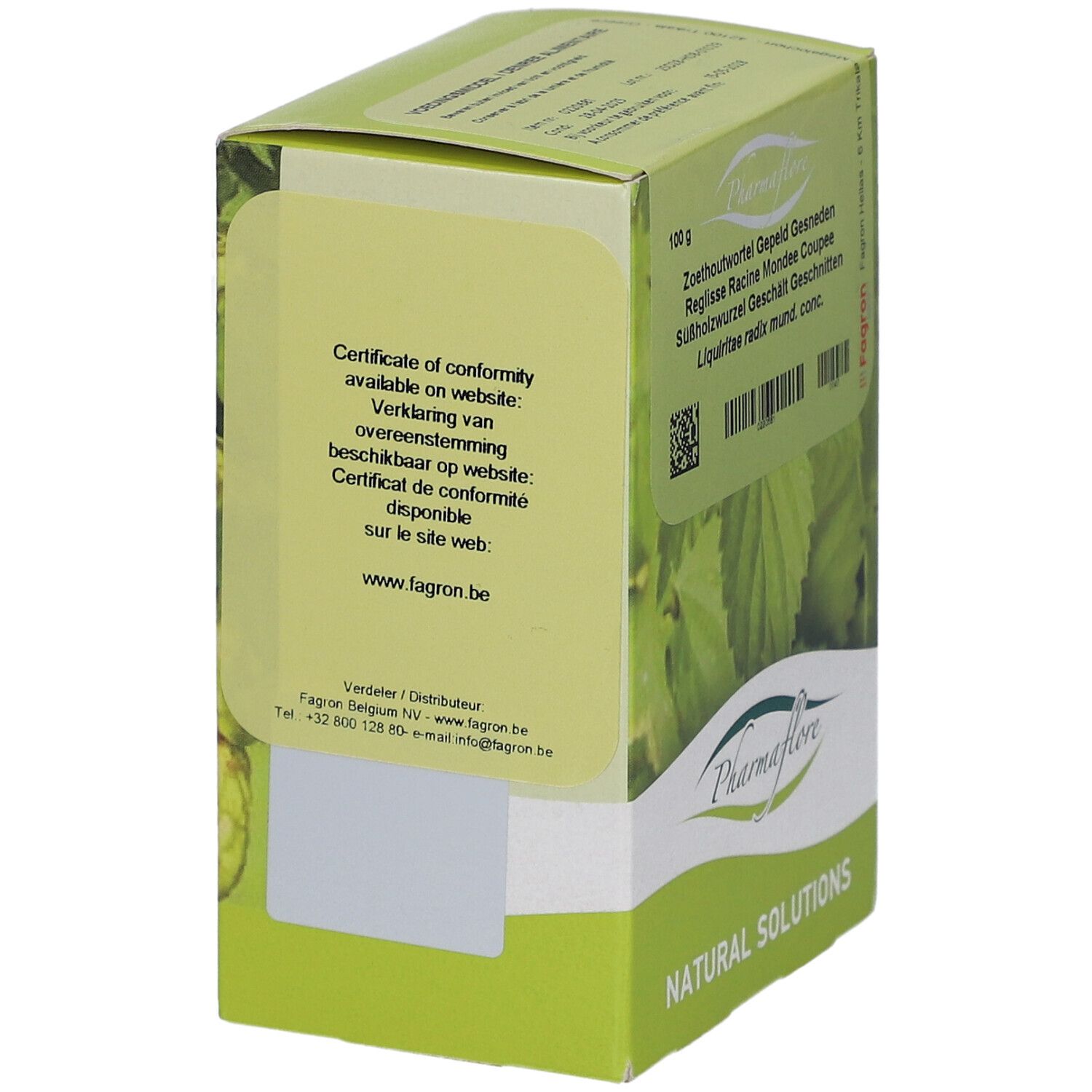 Grüne Schachtel mit Pharmaflore-Logo. Text: Zoethoutwortel, Réglisse, Süßholzwurzel. 100 g. Natürliche Lösungen. Zertifikat auf Website.
