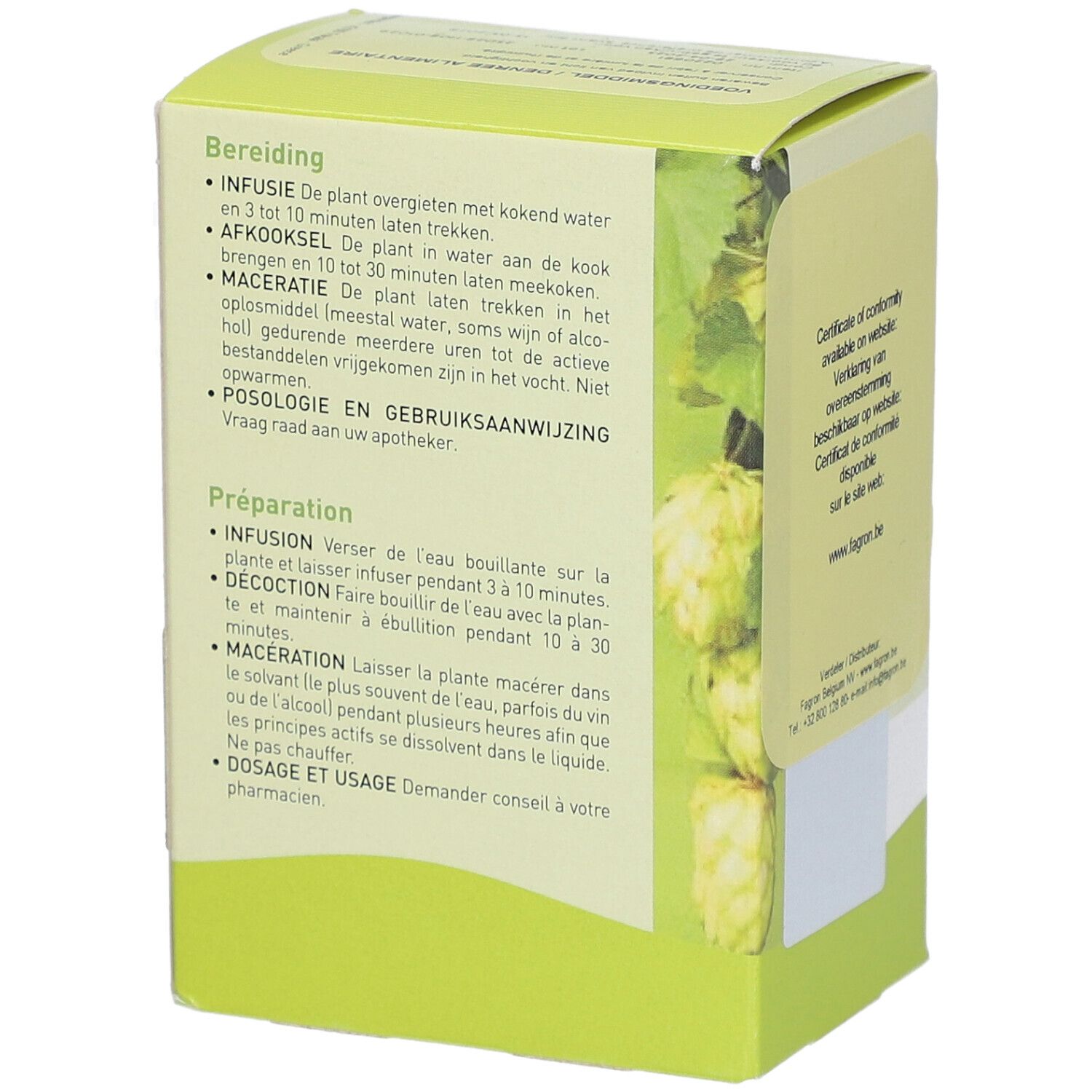 Grüne Schachtel mit Text über Zubereitungsmethoden. Pharmaflore-Logo. Text auf Niederländisch und Französisch.