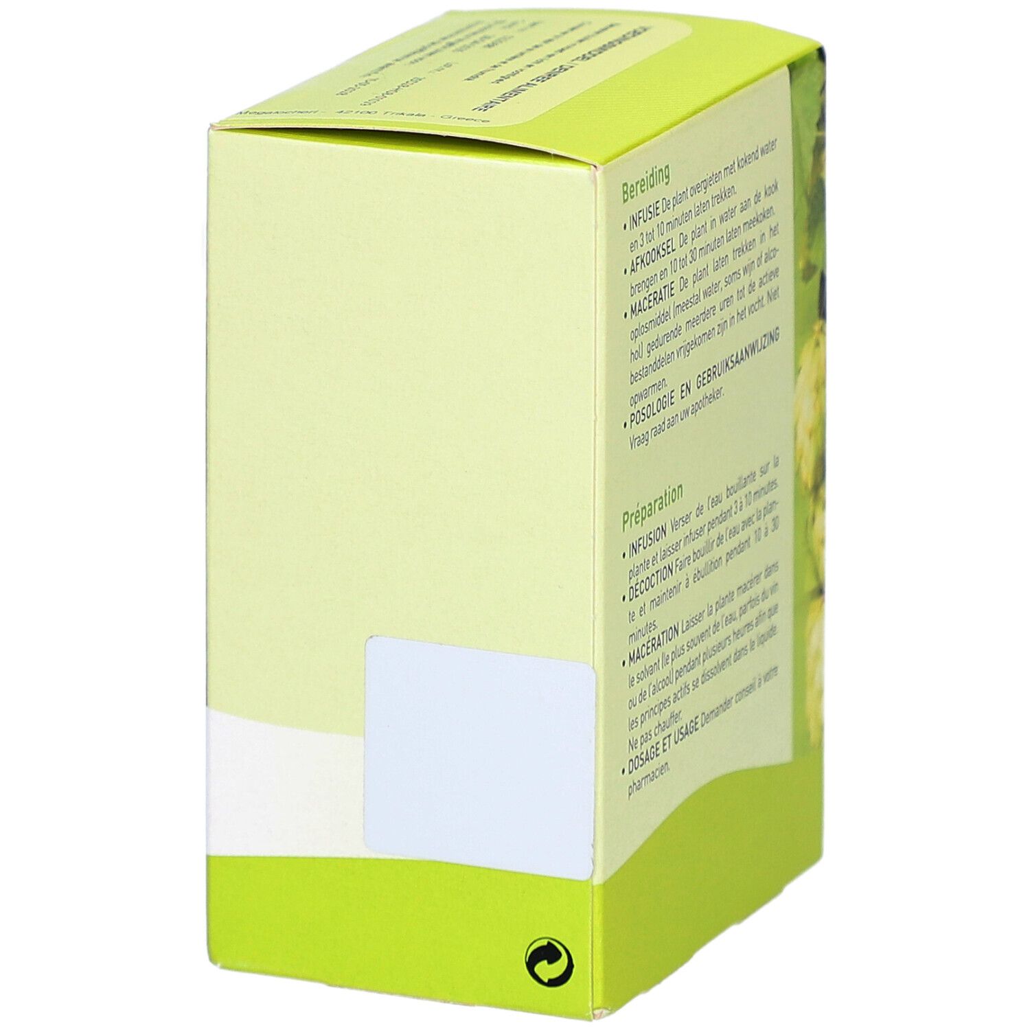 Grüne Schachtel mit Text über Zubereitungsmethoden. Pharmaflore-Logo. Text auf Niederländisch und Französisch.