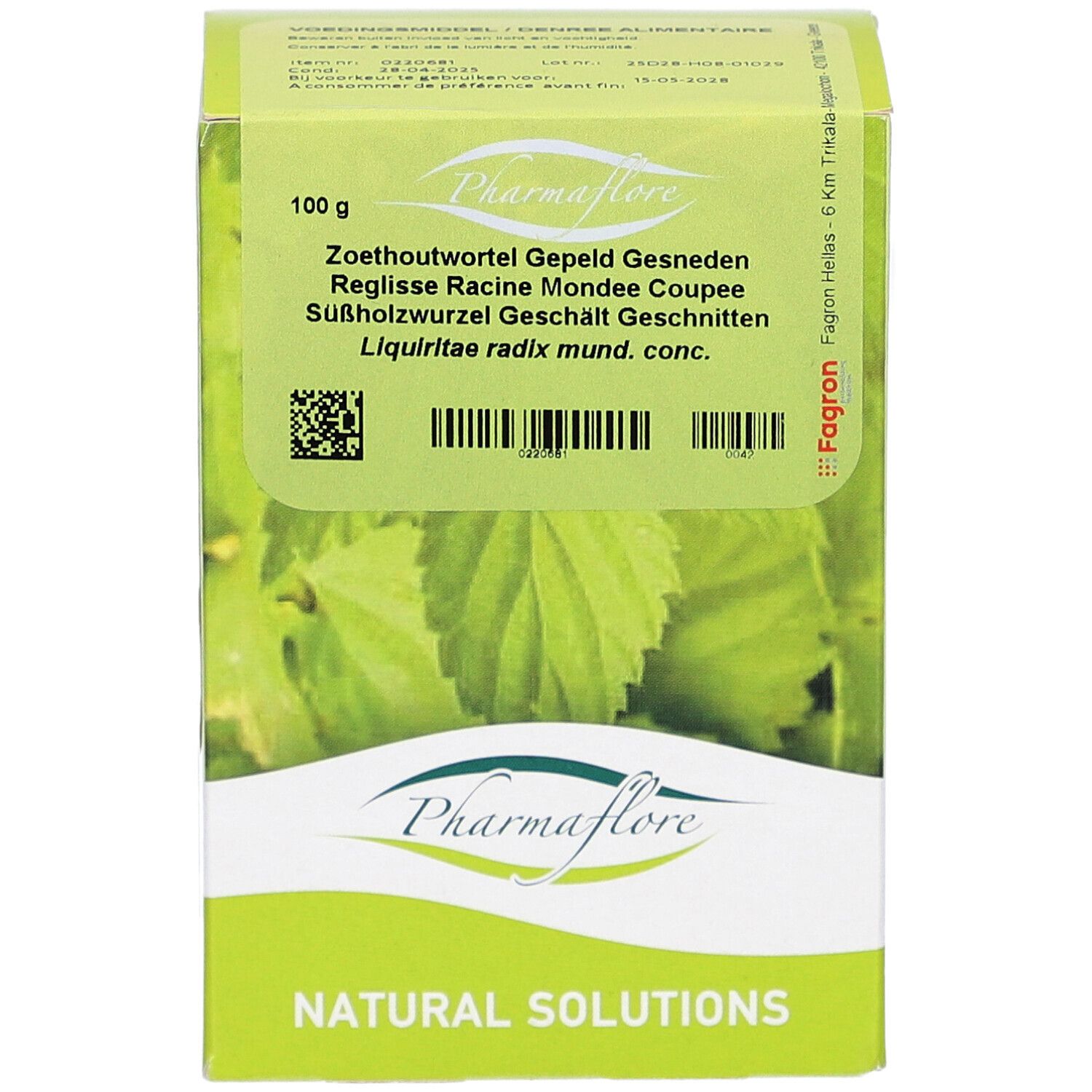 Grüne Schachtel mit Pharmaflore-Logo. Text: Zoethoutwortel, Réglisse, Süßholzwurzel. 100 g. Natürliche Lösungen.