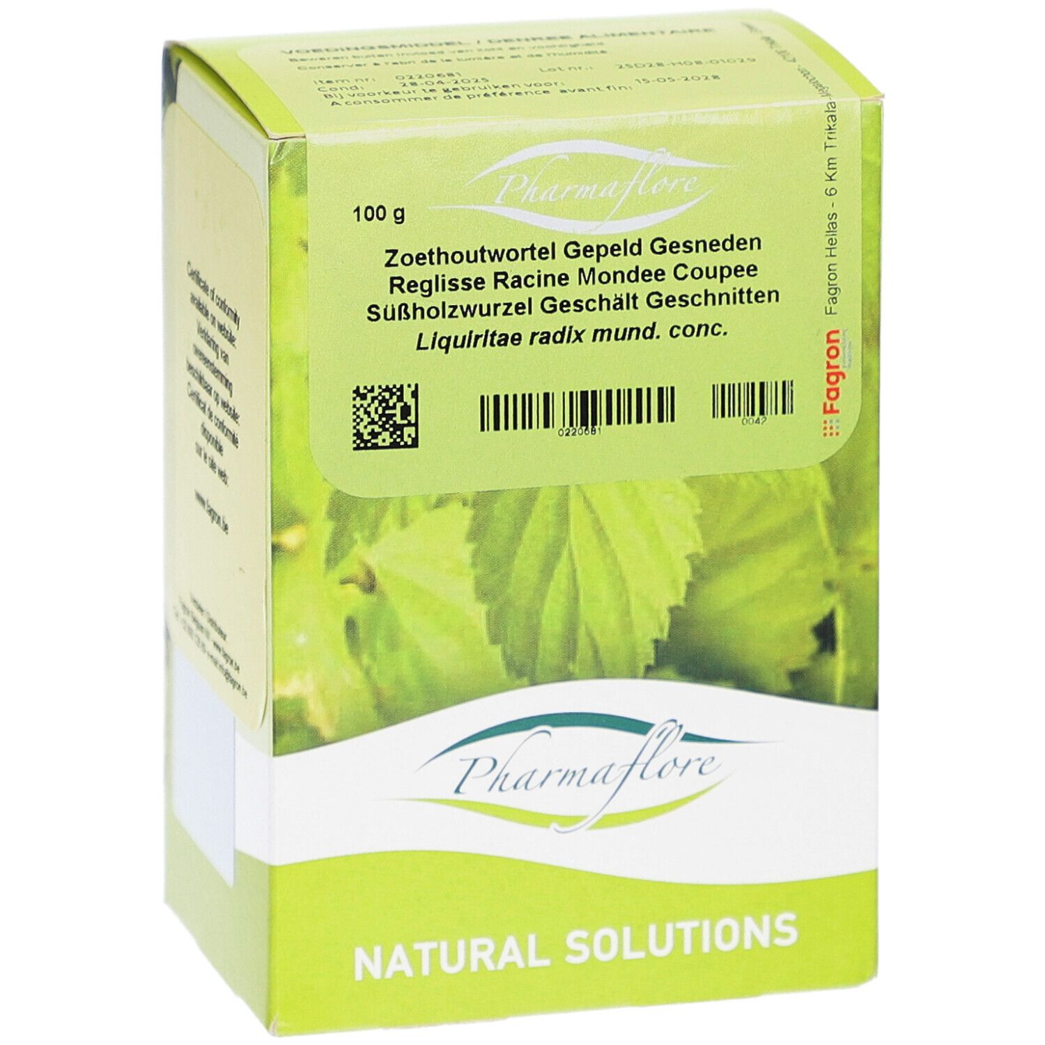 Grüne Schachtel mit Pharmaflore-Logo. Text: Zoethoutwortel, Réglisse, Süßholzwurzel. 100 g. Natürliche Lösungen.