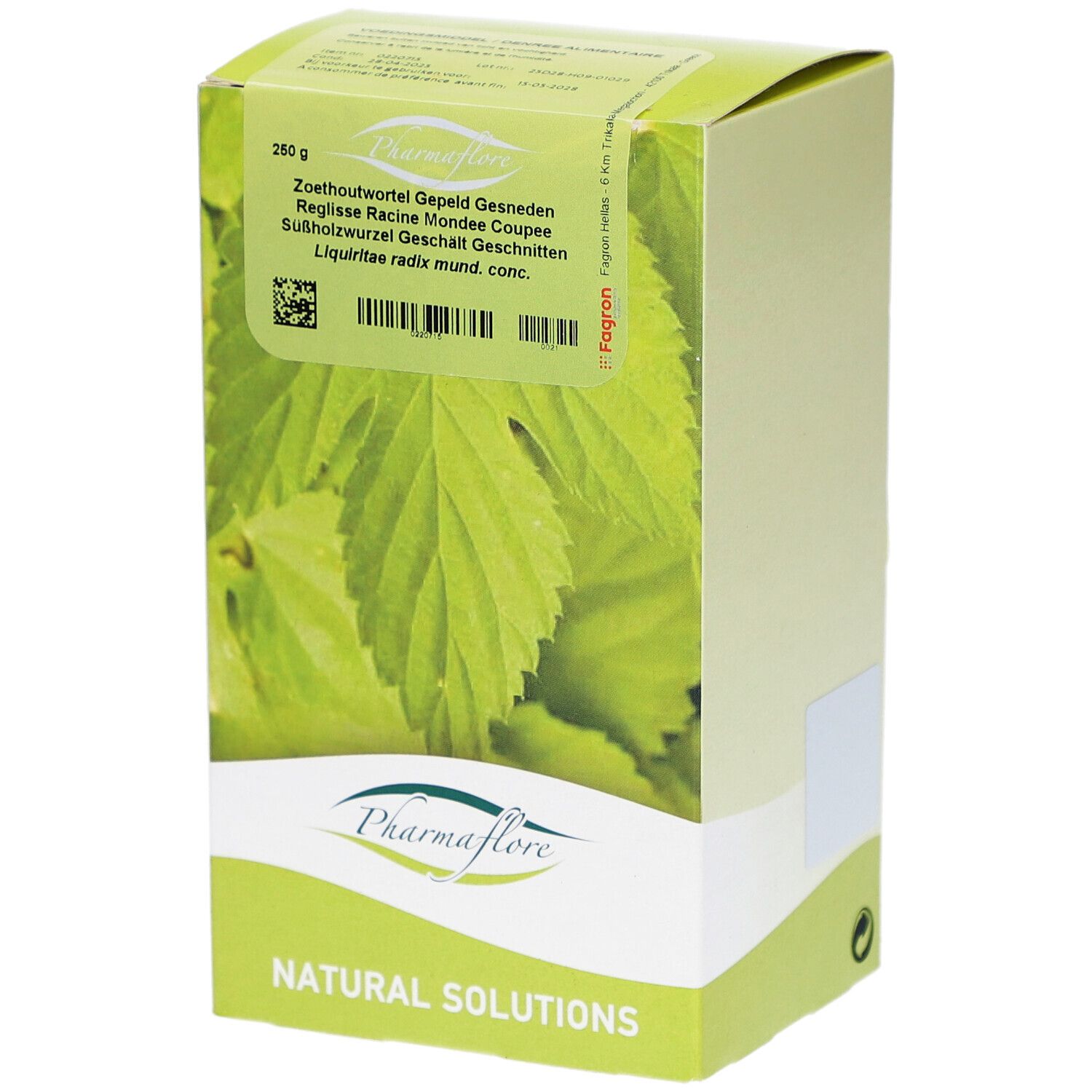 Verpackung von Pharmaflore. Aufschrift: Zoethoutwortel Gepsneden, Réglisse Racine Mondée Coupée. Grün-weißes Design mit Blättern.