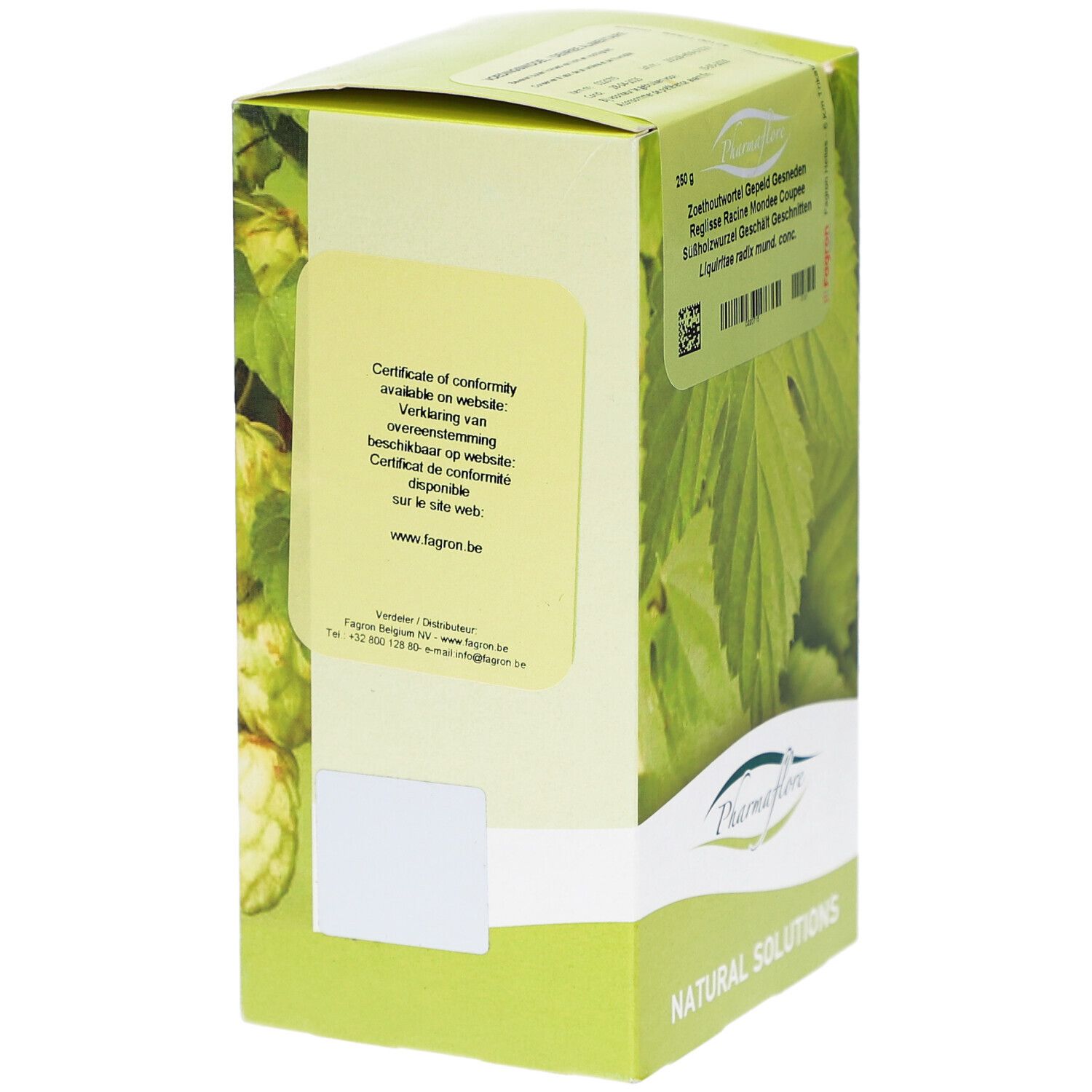 Pharmaflore-Verpackung, Seitenansicht. Text: Certificate of conformity available on website. Grün-weißes Design mit Blättern.