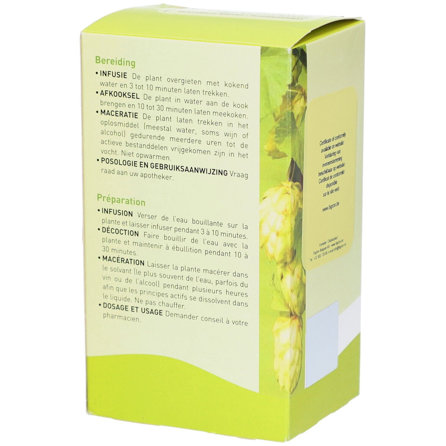 Pharmaflore-Verpackung, Rückseite. Anweisungen auf Niederländisch und Französisch. Grün-weißes Design mit Blättern.