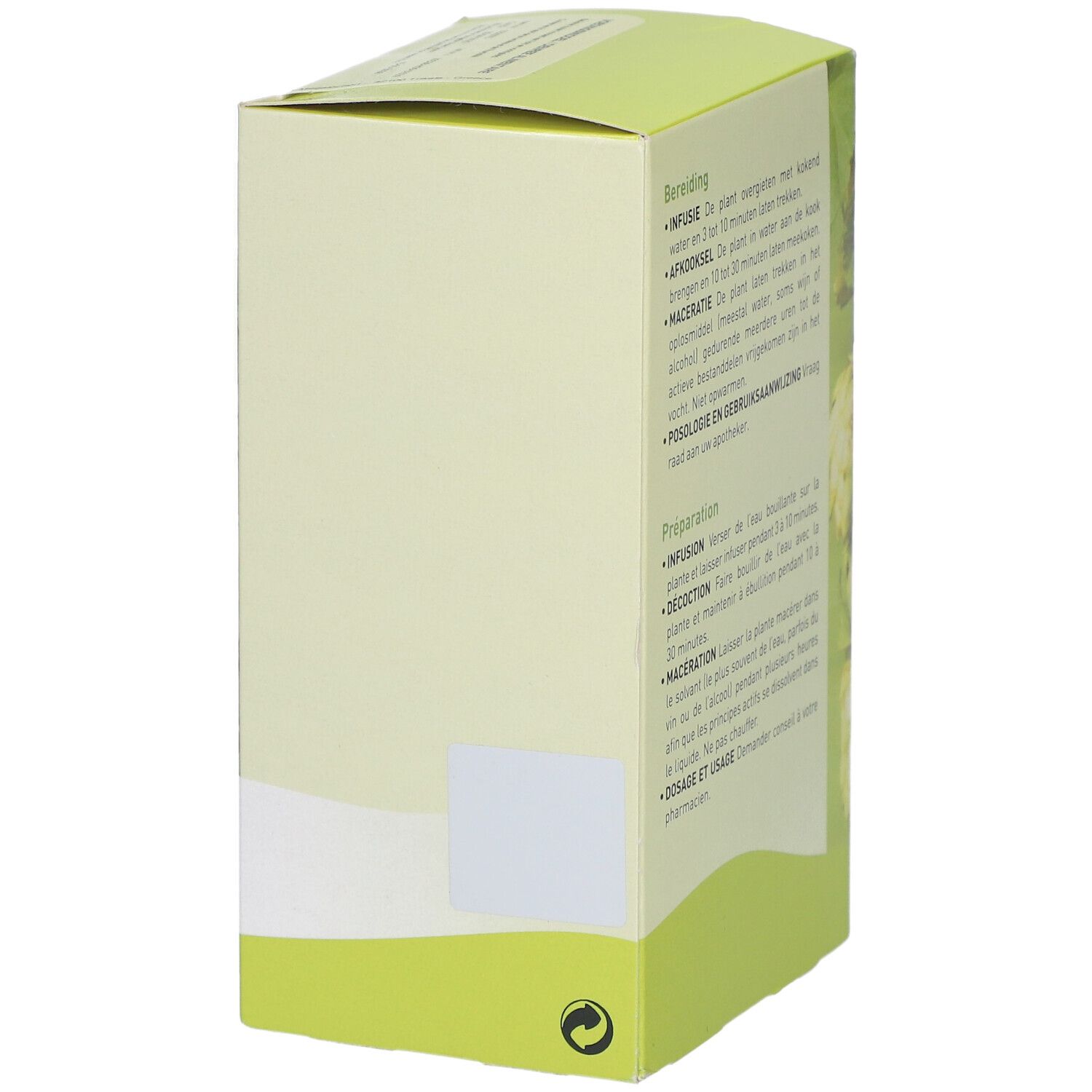 Pharmaflore-Verpackung, Rückseite. Anweisungen auf Niederländisch und Französisch. Grün-weißes Design mit Blättern.