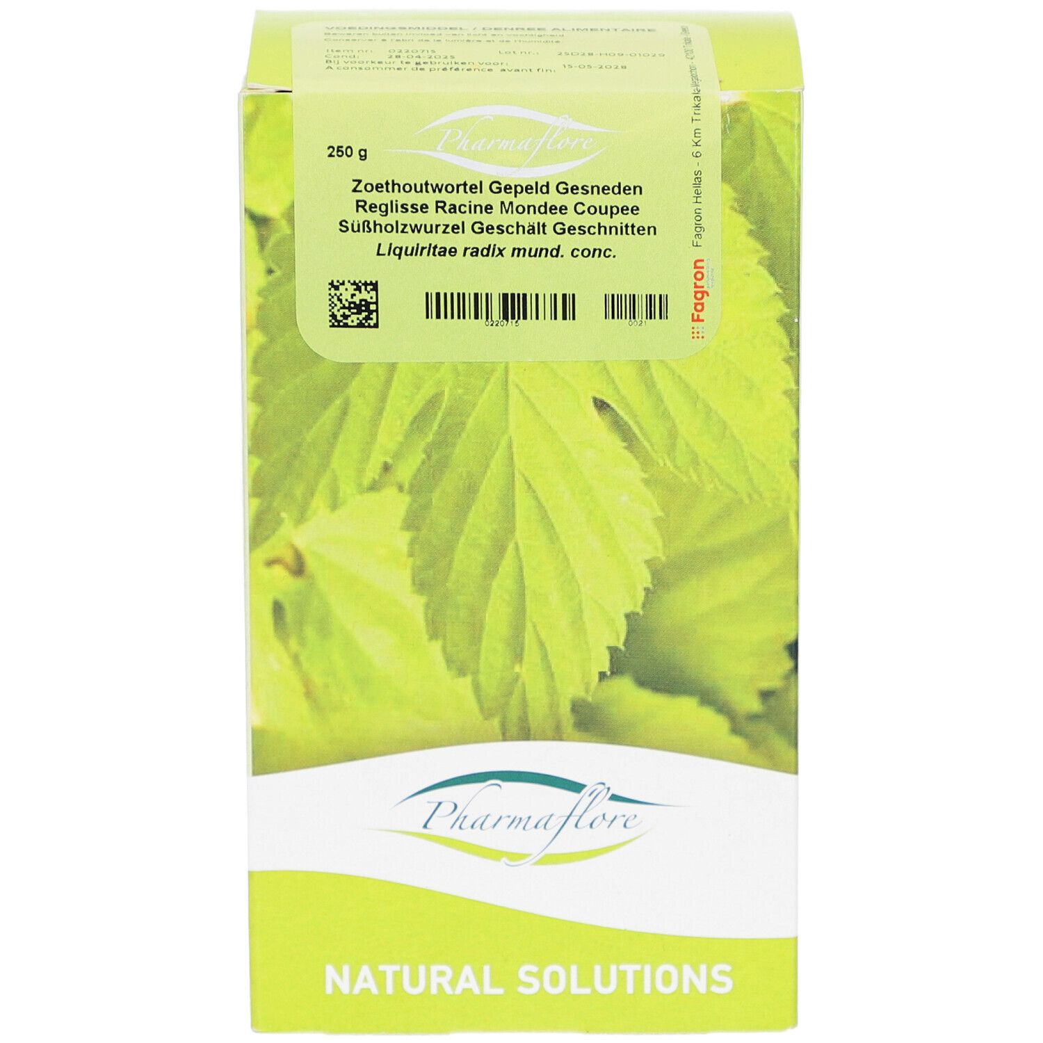 Pharmaflore-Verpackung. Aufschrift: Zoethoutwortel Gepsneden, Réglisse Racine Mondée Coupée. Grün-weißes Design mit Blättern. 250g.