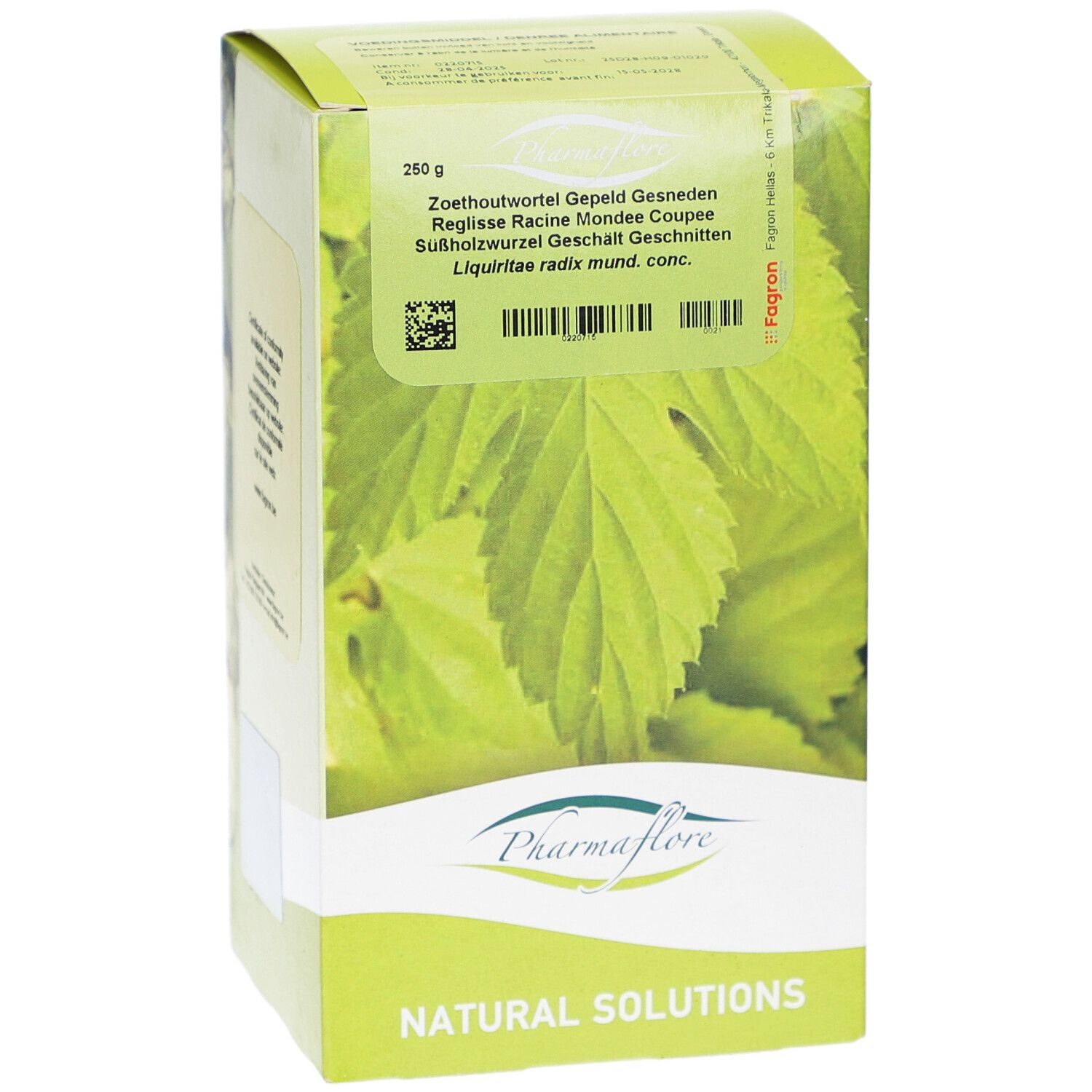 Pharmaflore-Verpackung. Aufschrift: Zoethoutwortel Gepsneden, Réglisse Racine Mondée Coupée. Grün-weißes Design mit Blättern. 250g.