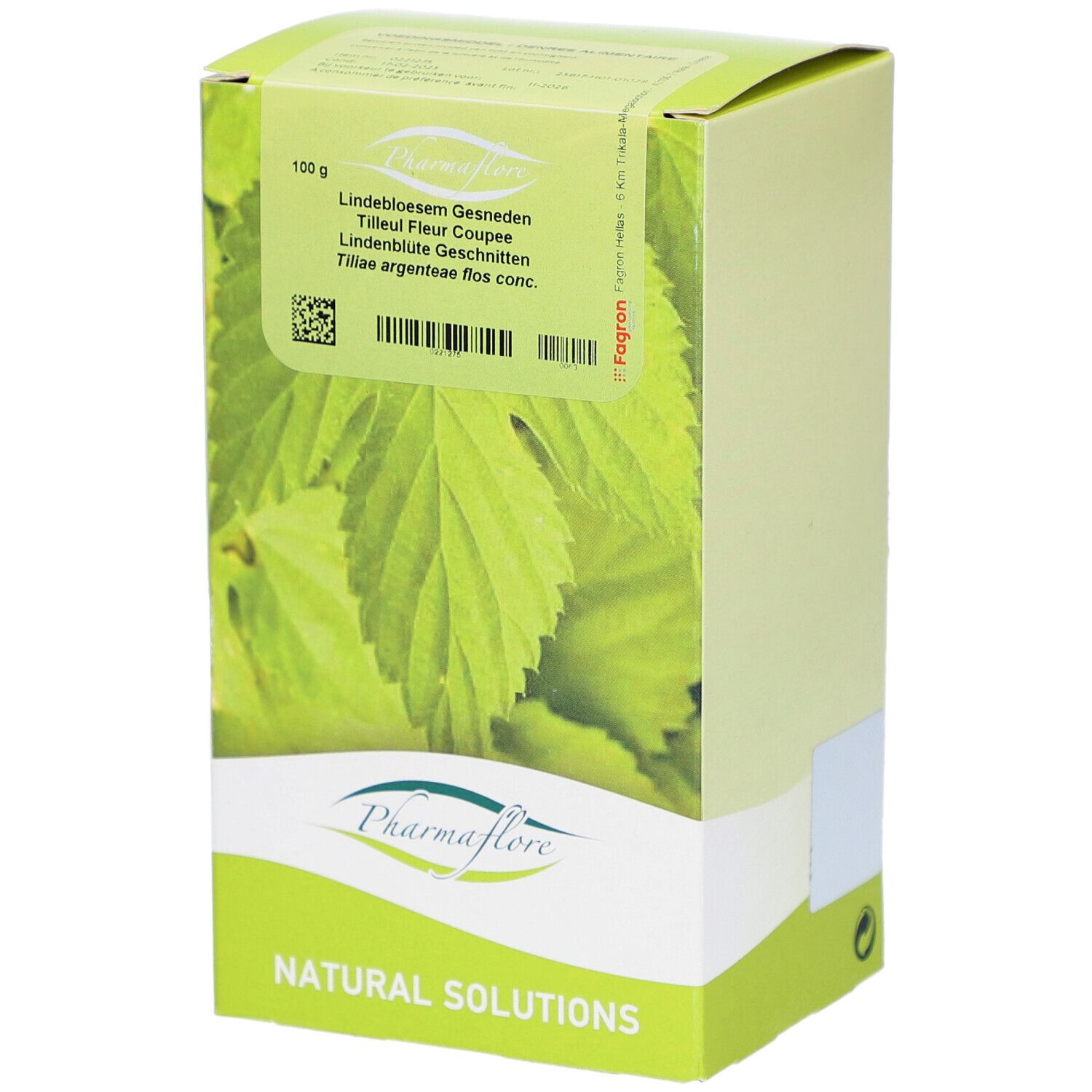 Grüne Schachtel mit Blättern und Text. Pharmaflore Logo. Text: Natural Solutions.