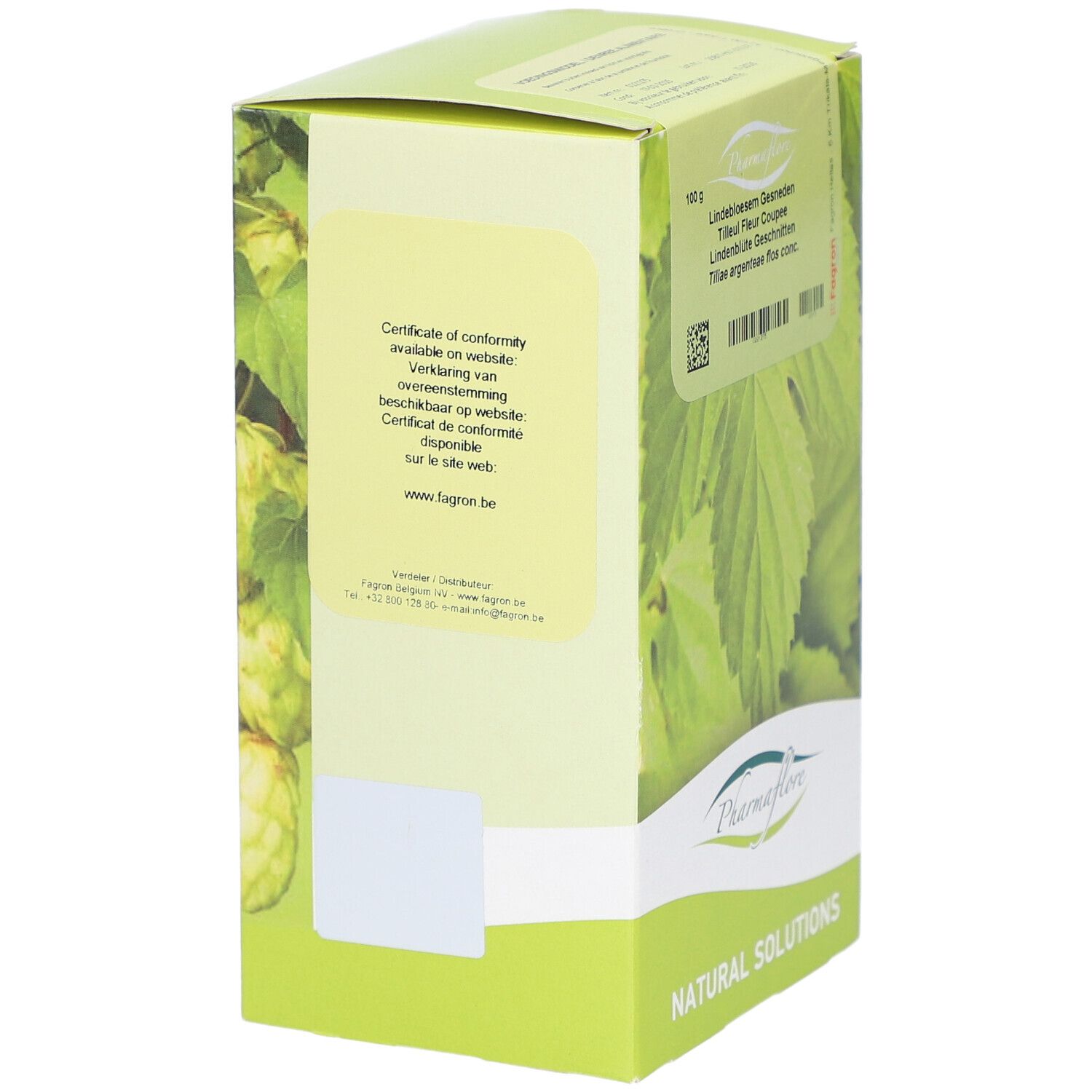 Grüne Schachtel mit Blättern und Text. Text: Certificate of conformity. Pharmaflore Logo.