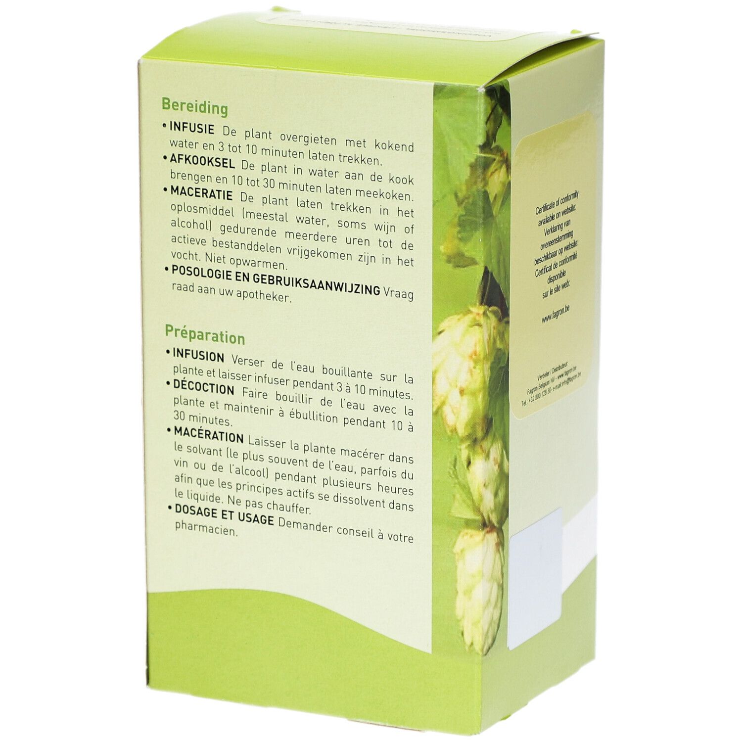 Grüne Schachtel mit Text. Text: Bereiding, Infusion, Decoction, Maceration, Dosage et usage.