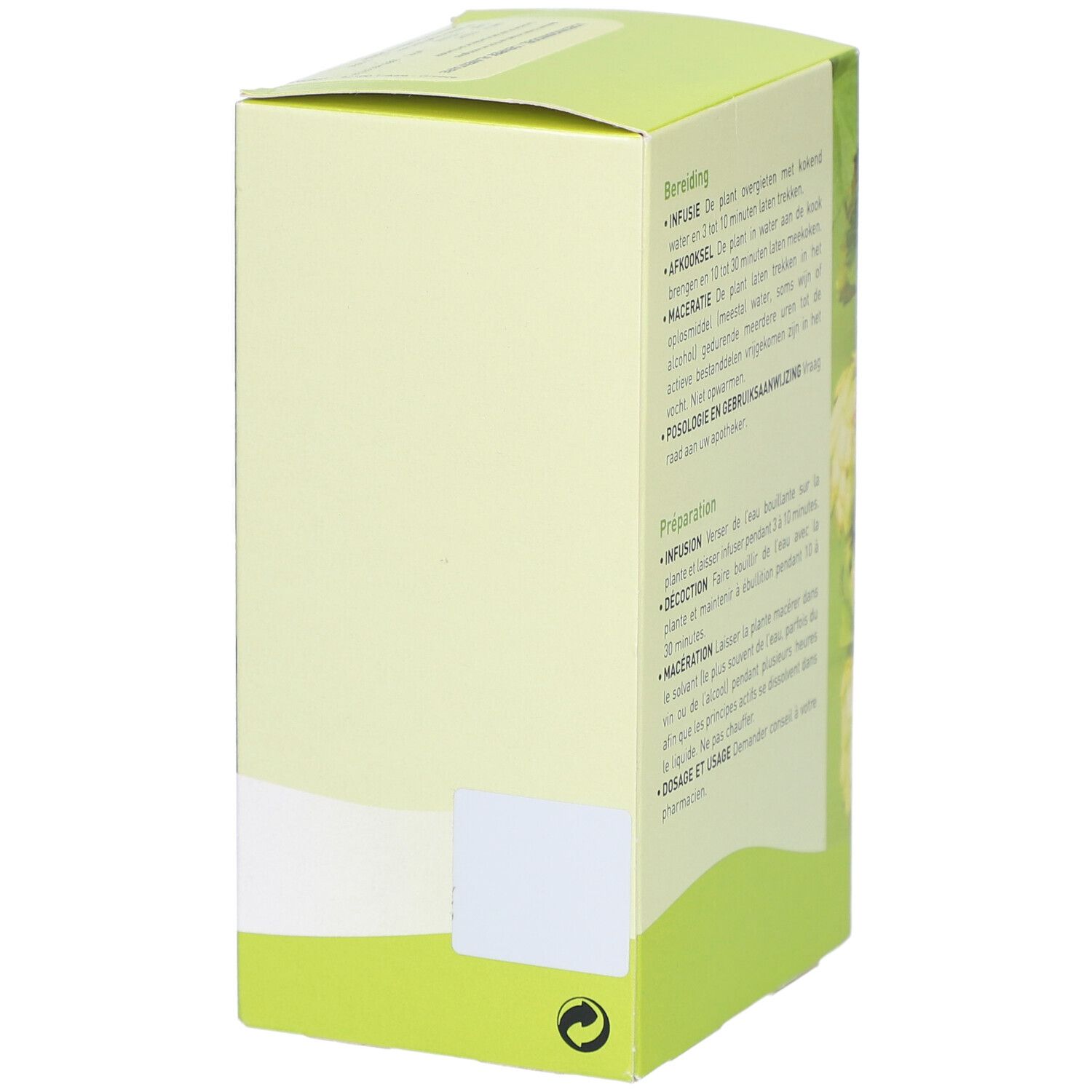 Grüne Schachtel mit Text. Text: Bereiding, Infusion, Decoction, Maceration, Dosage et usage.