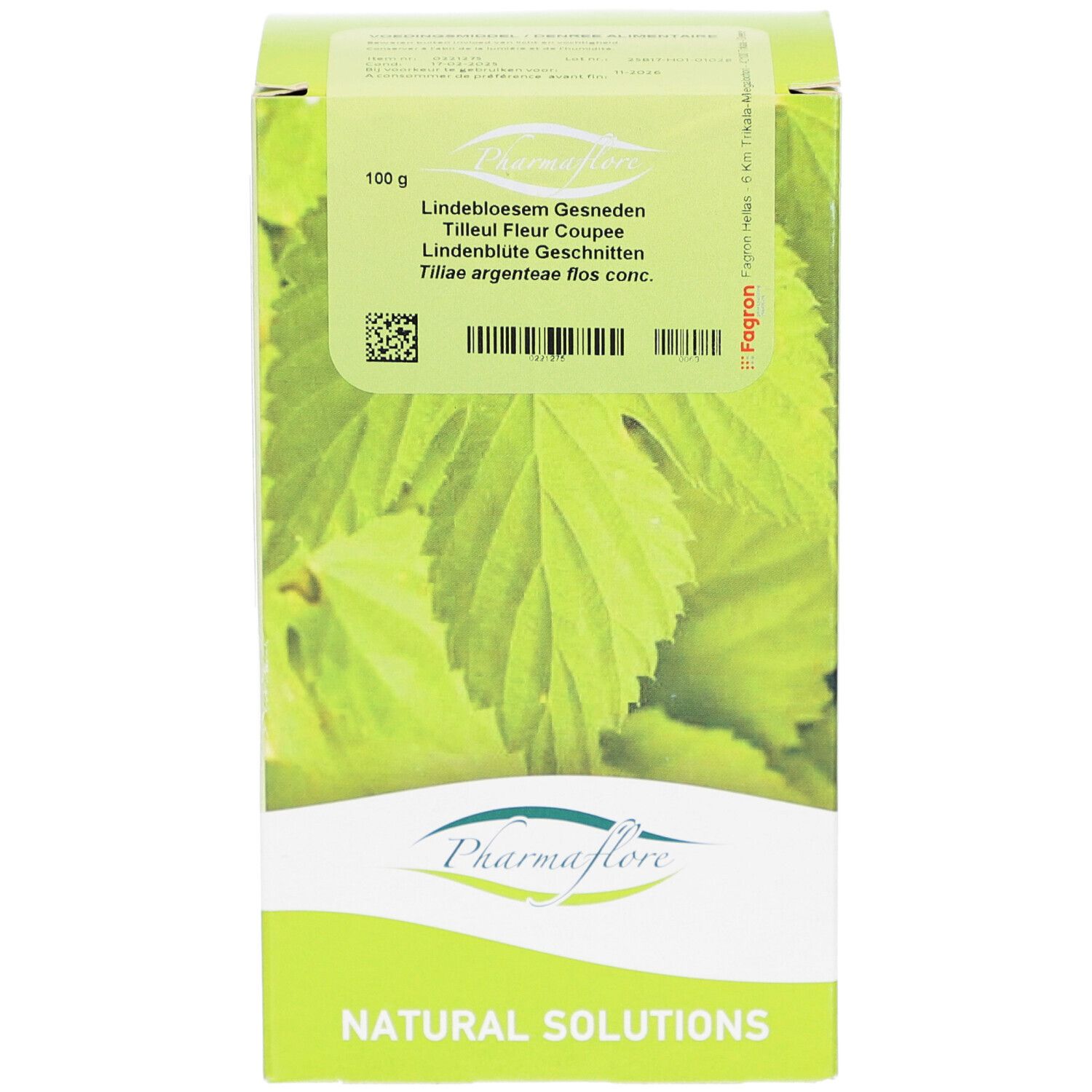Grüne Schachtel mit Blättern und Text. Pharmaflore Logo. Text: Natural Solutions.