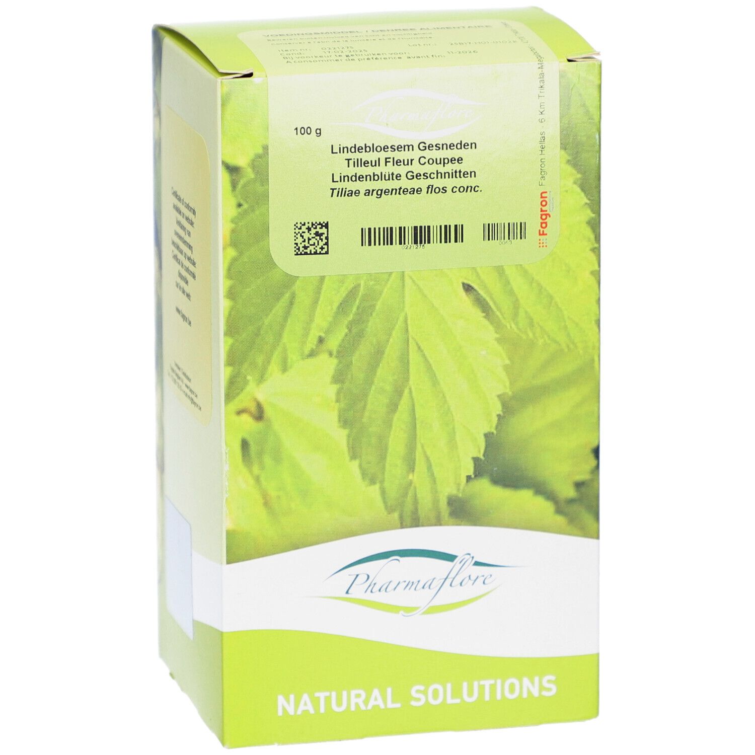 Grüne Schachtel mit Blättern und Text. Pharmaflore Logo. Text: Natural Solutions.