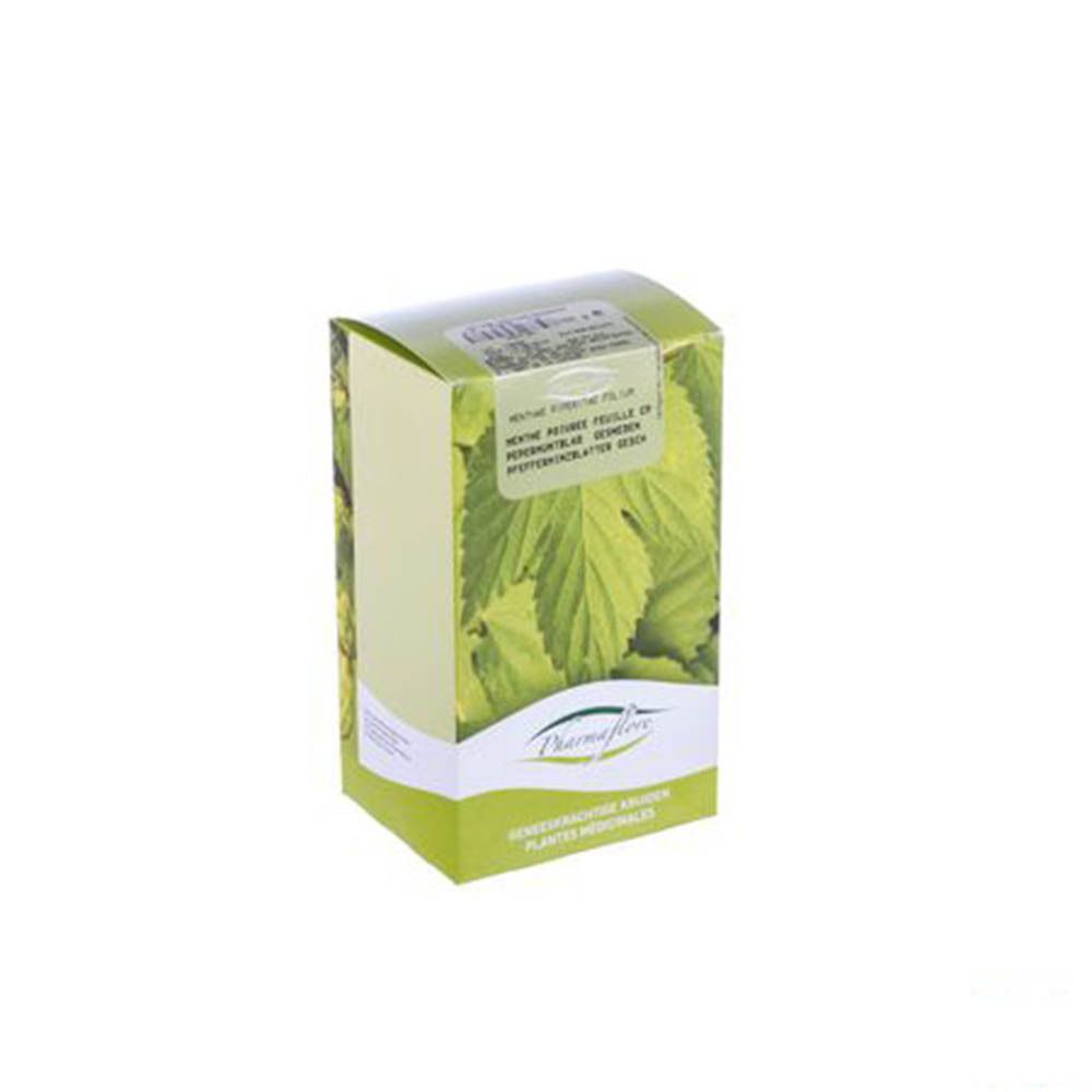 Boîte verte avec motif de feuilles. Logo Pharmaflore. Texte : Plantes médicinales.