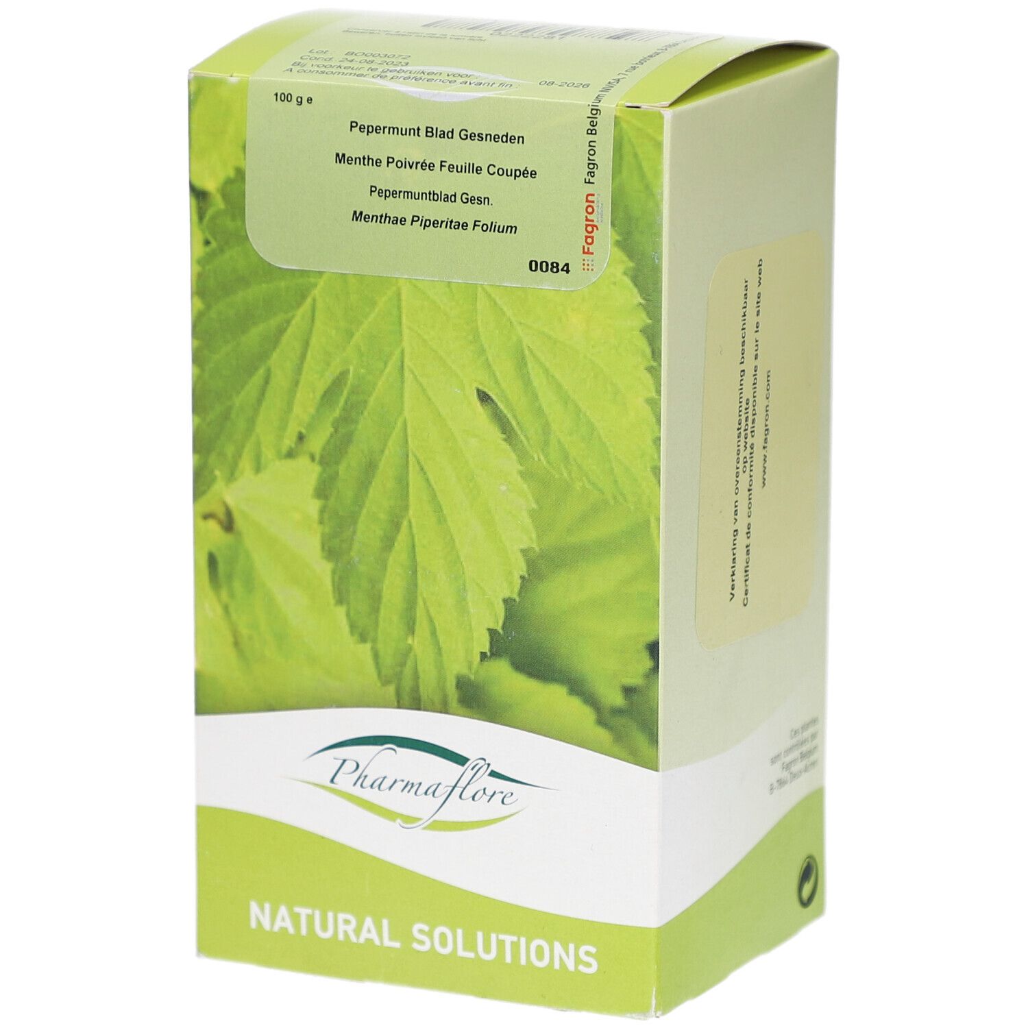 Grüne Verpackung mit Blattmotiv und Produktnamen. Pharmaflore Logo und Text NATURAL SOLUTIONS.