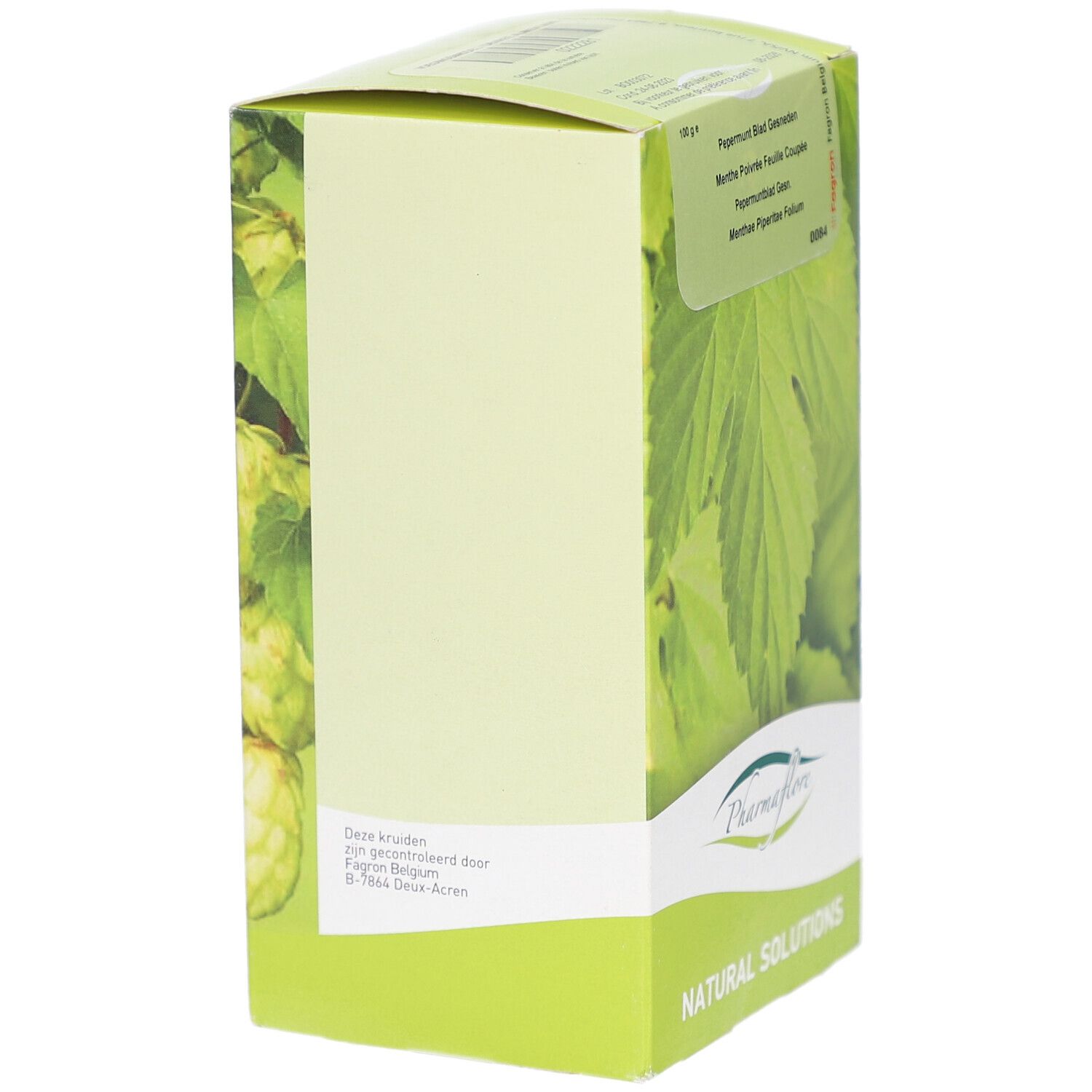 Grüne Verpackung, Seitenansicht mit Blattmotiv. Pharmaflore Logo. Text in mehreren Sprachen.