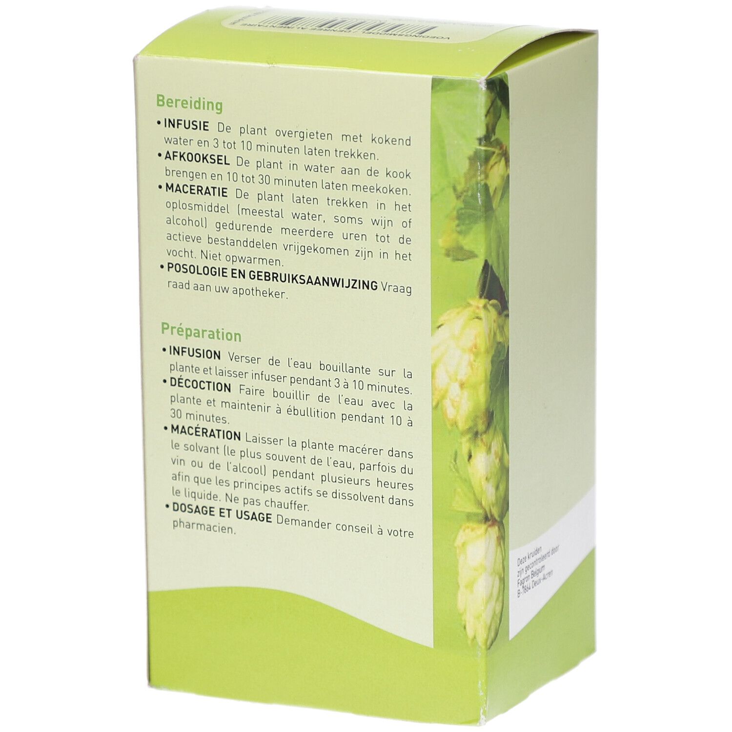 Grüne Verpackung mit Text in mehreren Sprachen. Anweisungen und Dosierung. Blattmotiv.