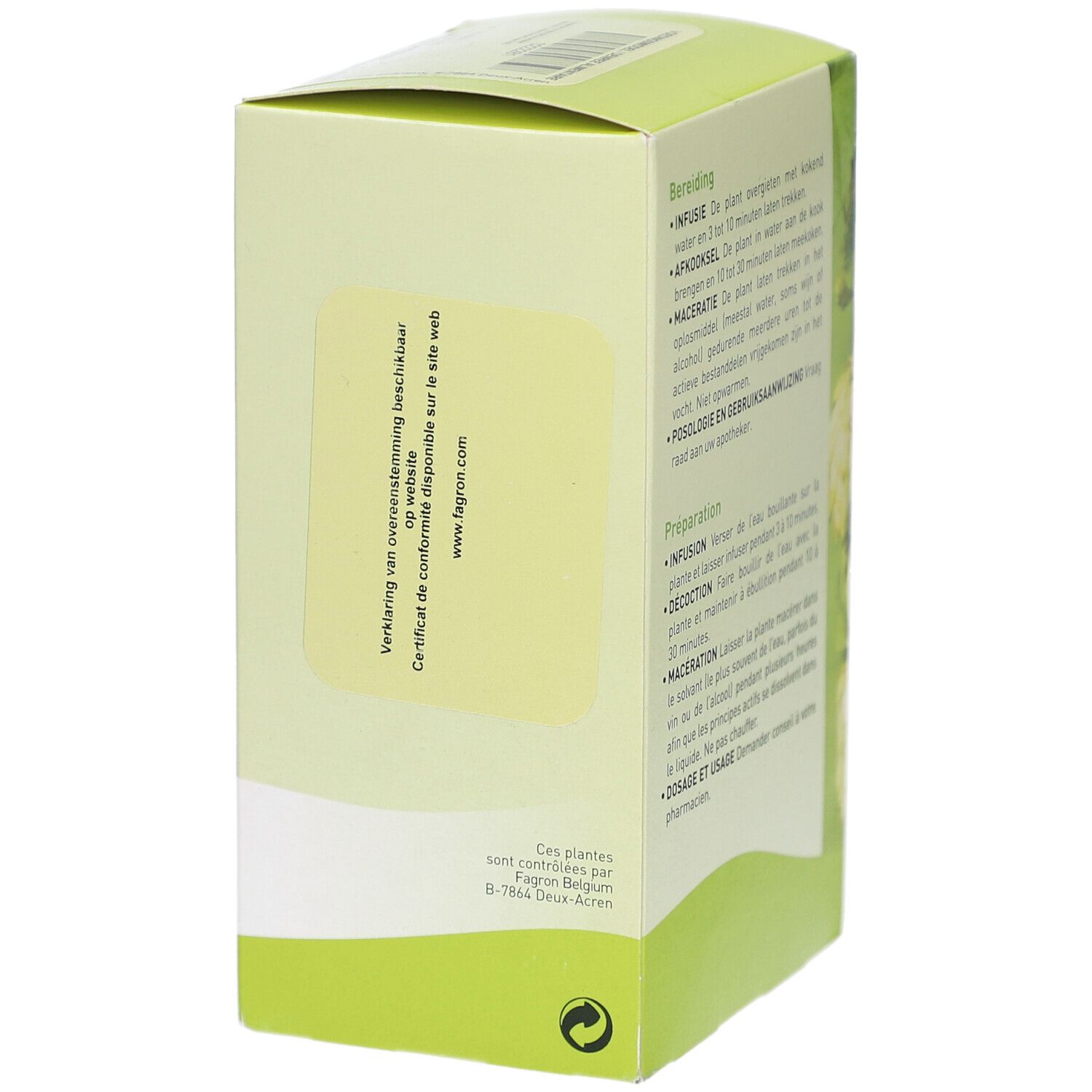 Grüne Verpackung, Seitenansicht mit Text. Blattmotiv. Zertifizierungsinformationen.