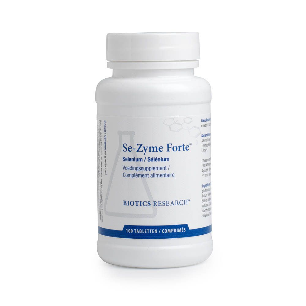 Weiße Flasche mit Se-Zyme Forte™. Aufschrift: Selenium / Sélénium. Voedingssupplement / Complément alimentaire. 100 Tabletten. Biotics Research.