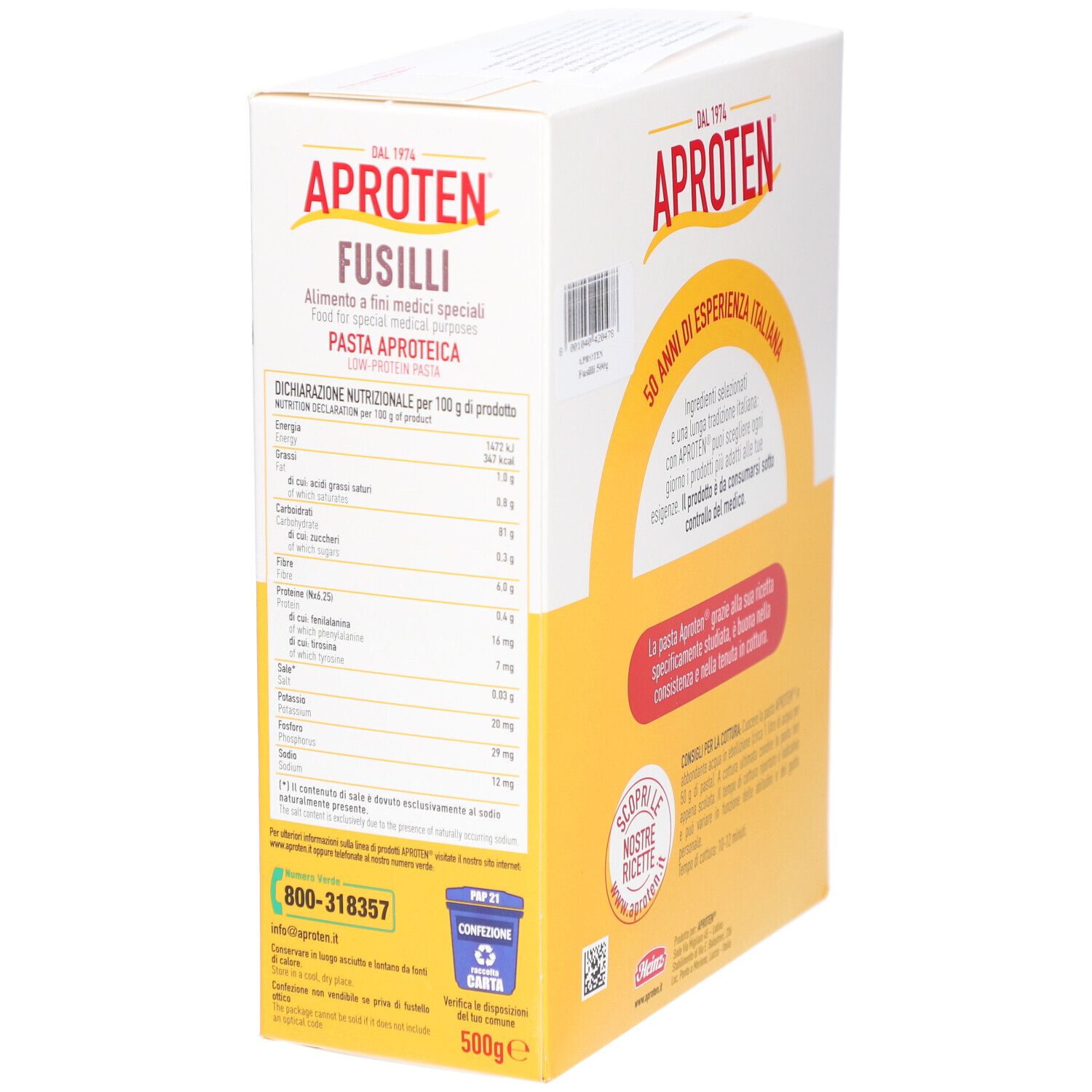 Emballage de fusilli APROTEN. Emballage jaune et blanc avec nom du produit et informations nutritionnelles. Tableau nutritionnel et coordonnées.