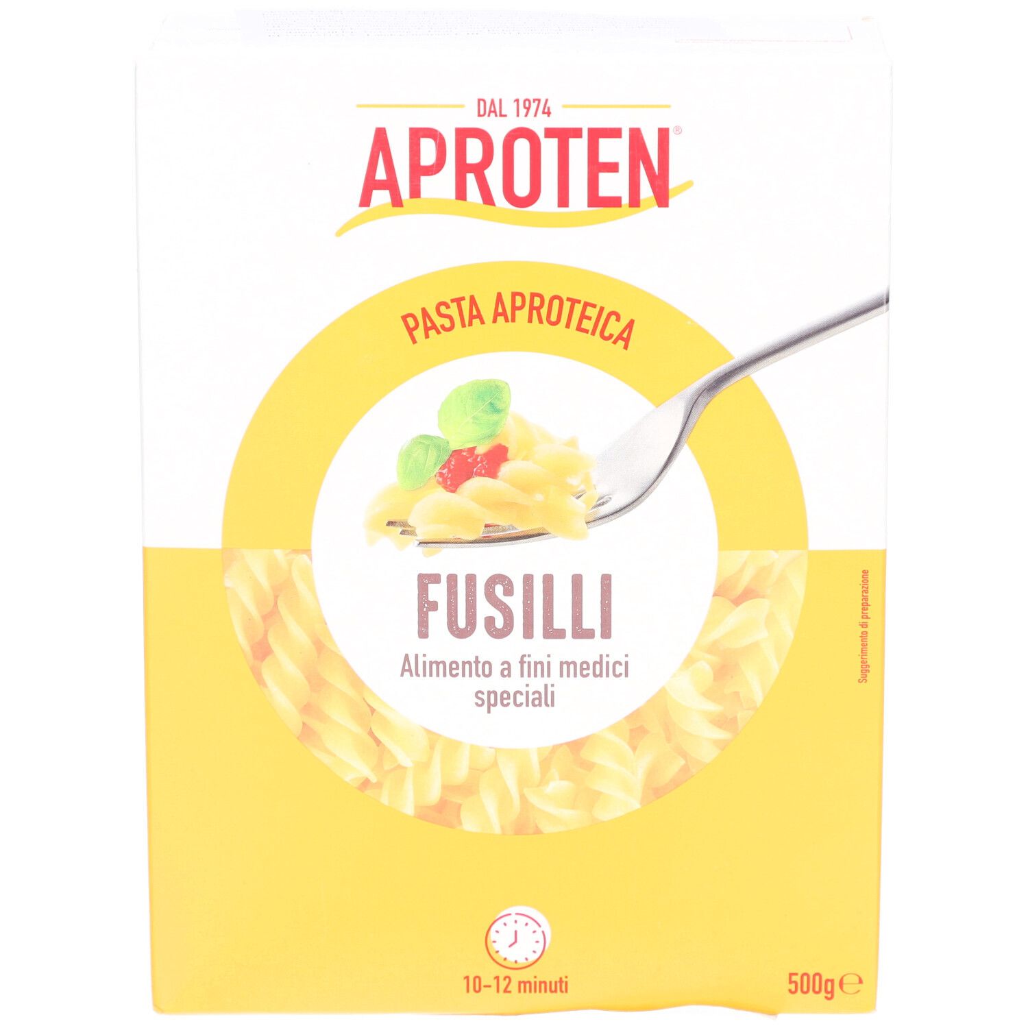 Boîte de fusilli APROTEN. Emballage jaune et blanc avec nom du produit et informations nutritionnelles. Pâtes fusilli visibles.
