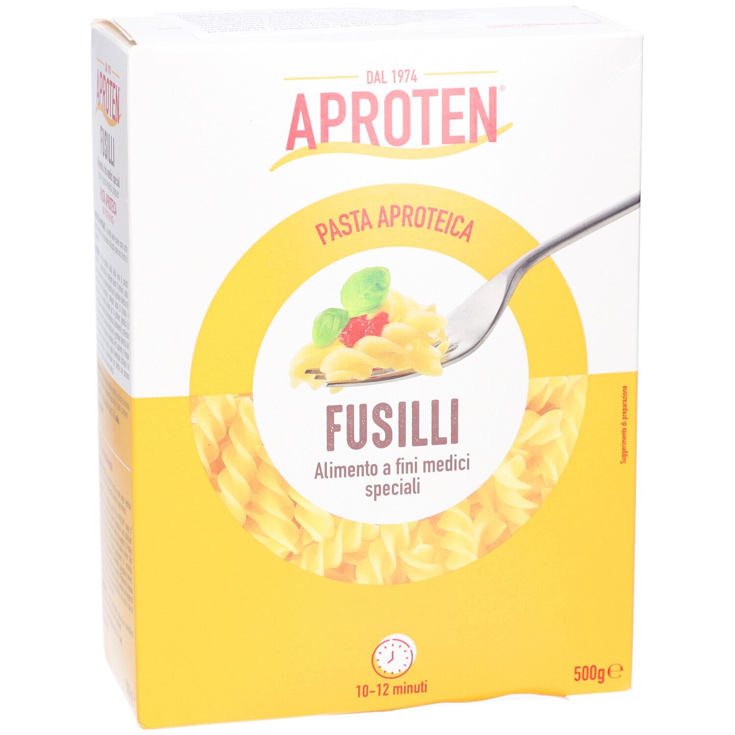Boîte de fusilli APROTEN. Emballage jaune et blanc avec nom du produit et informations nutritionnelles. Pâtes fusilli visibles.
