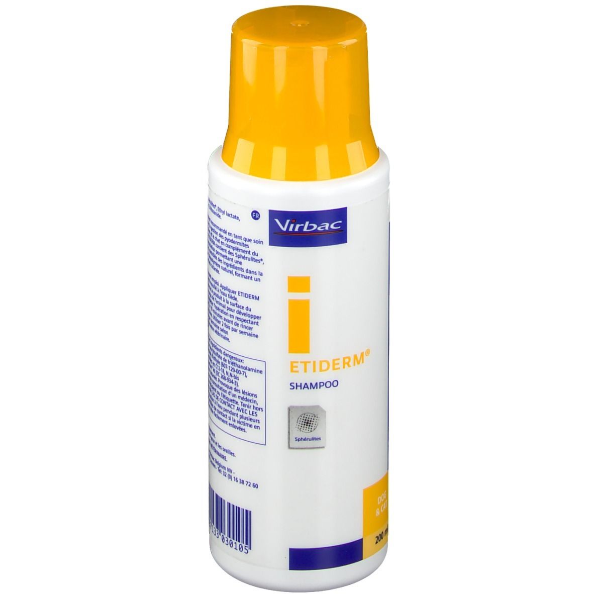 Flacon blanc avec bouchon jaune. Inscription : Etiderm Shampoo, logo Virbac. Contient 200 ml.