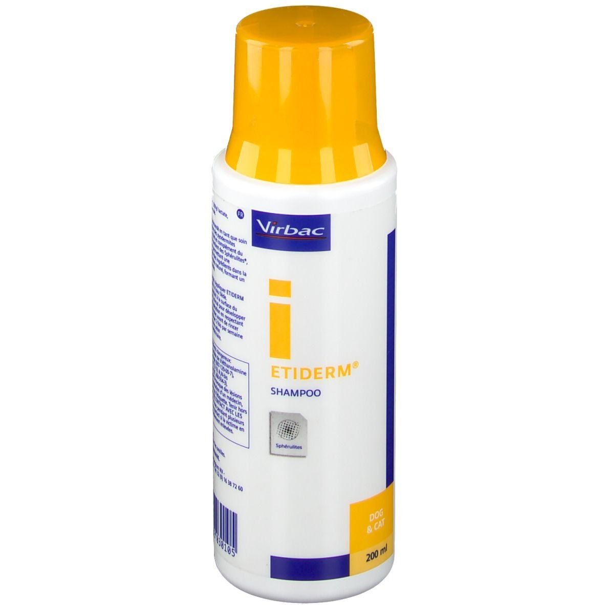 Flacon blanc avec bouchon jaune. Inscription : Etiderm Shampoo, logo Virbac. Contient 200 ml.