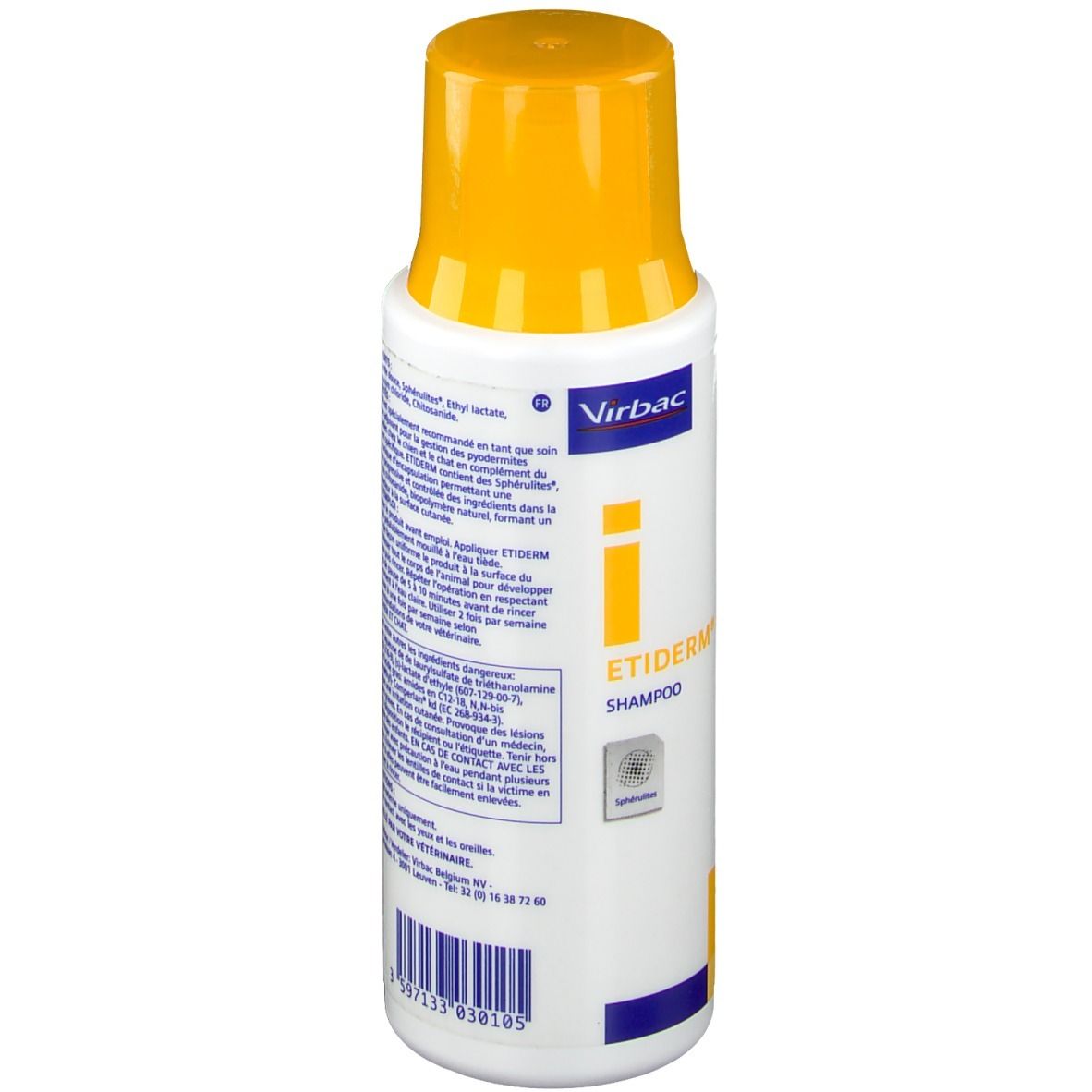 Flacon blanc avec bouchon jaune. Inscription : Etiderm Shampoo. Dos avec texte. Contient 200 ml.