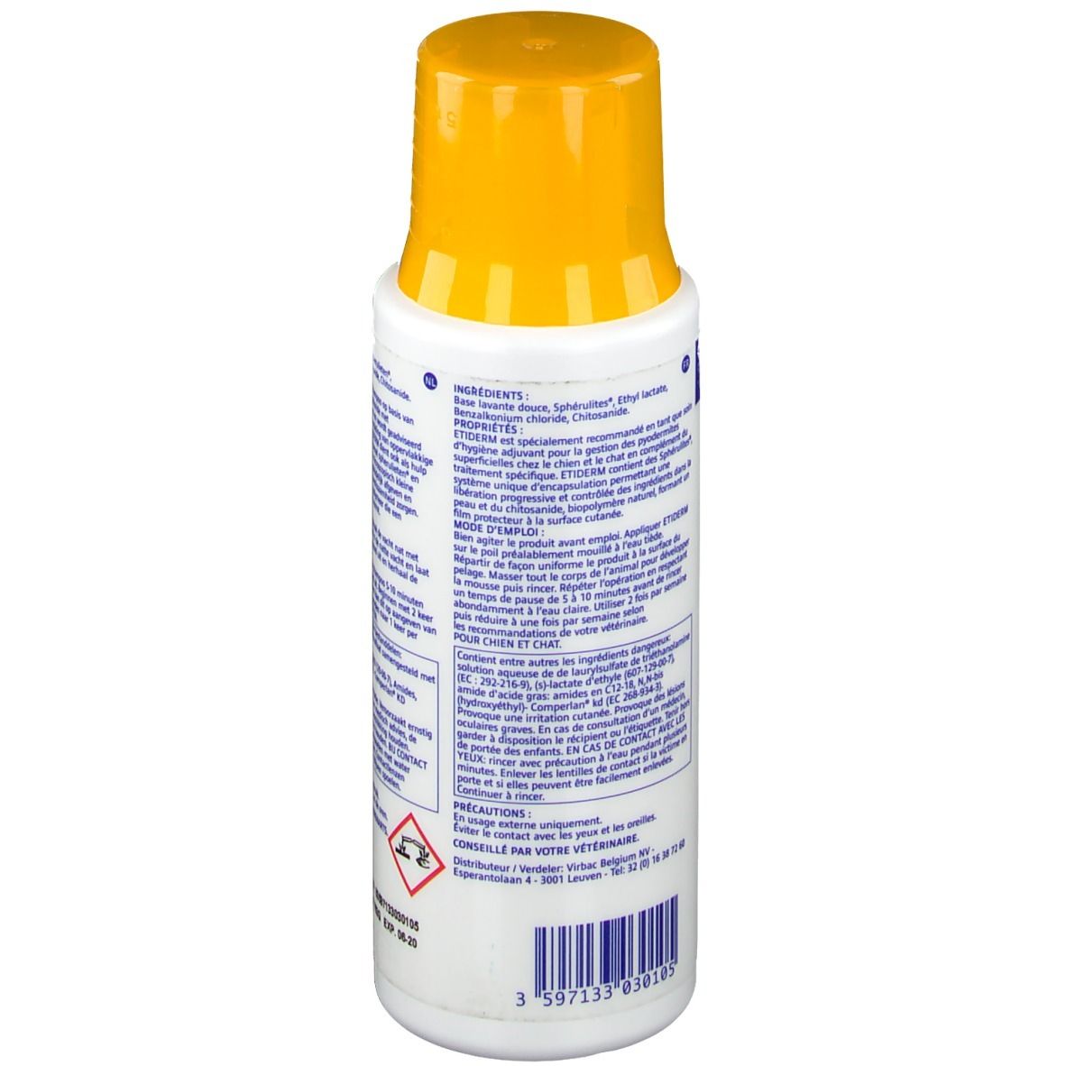 Flacon blanc avec bouchon jaune. Dos avec texte. Contient 200 ml. Symbole de danger.
