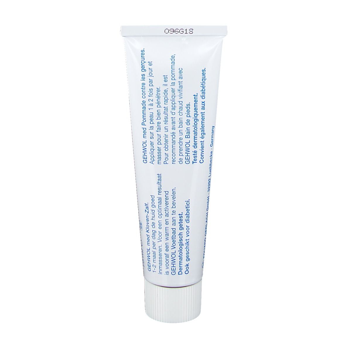 Rückseite einer Creme-Tube. Text in Deutsch, Französisch und Niederländisch. Weißer Hintergrund.