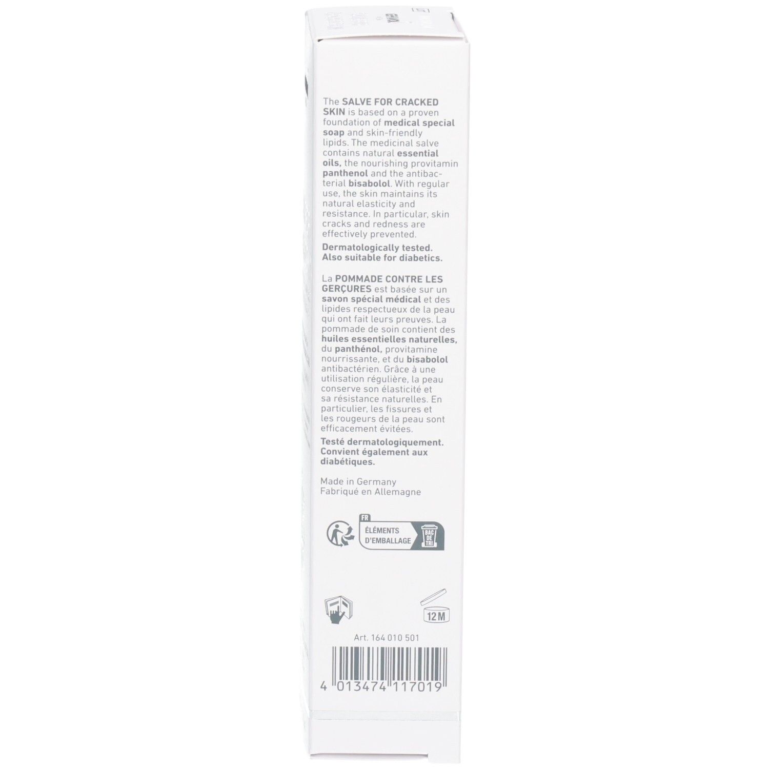 Emballage du produit. Texte en français. Fond blanc. Informations sur le produit et instructions d'utilisation.