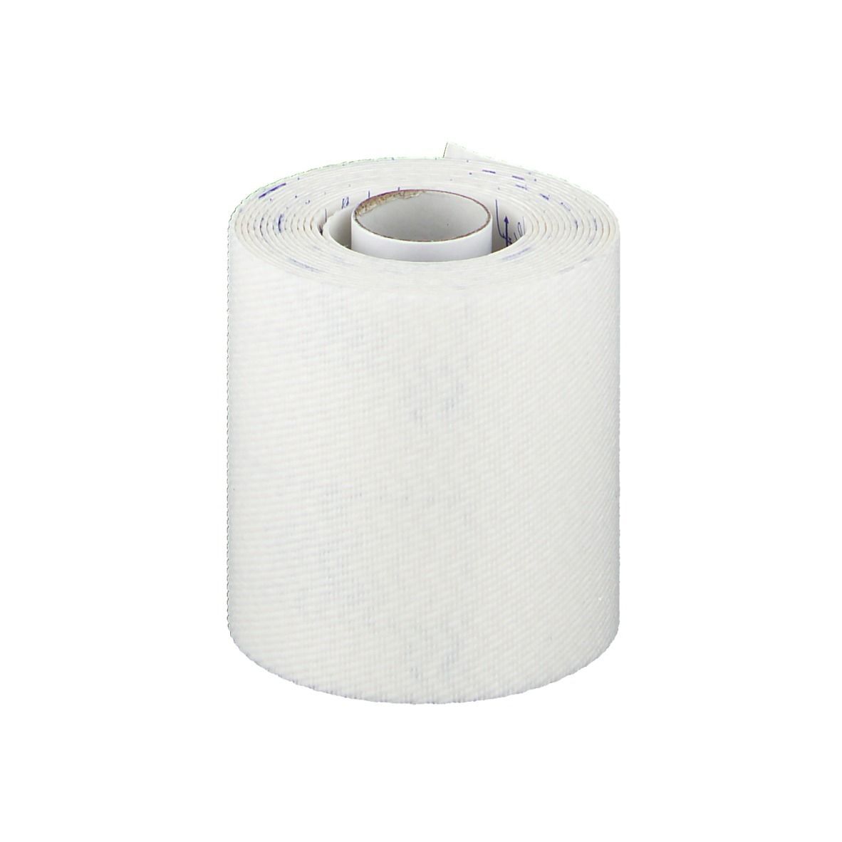 Rouleau de bandage blanc. Rouleau intérieur en carton. Structure tissée. Impression sur le bord.