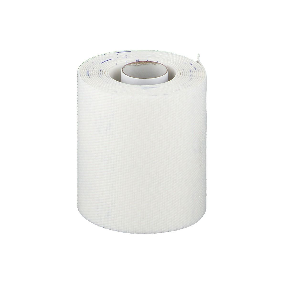 Rouleau de bandage blanc. Rouleau intérieur en carton. Structure tissée. Impression sur le bord.