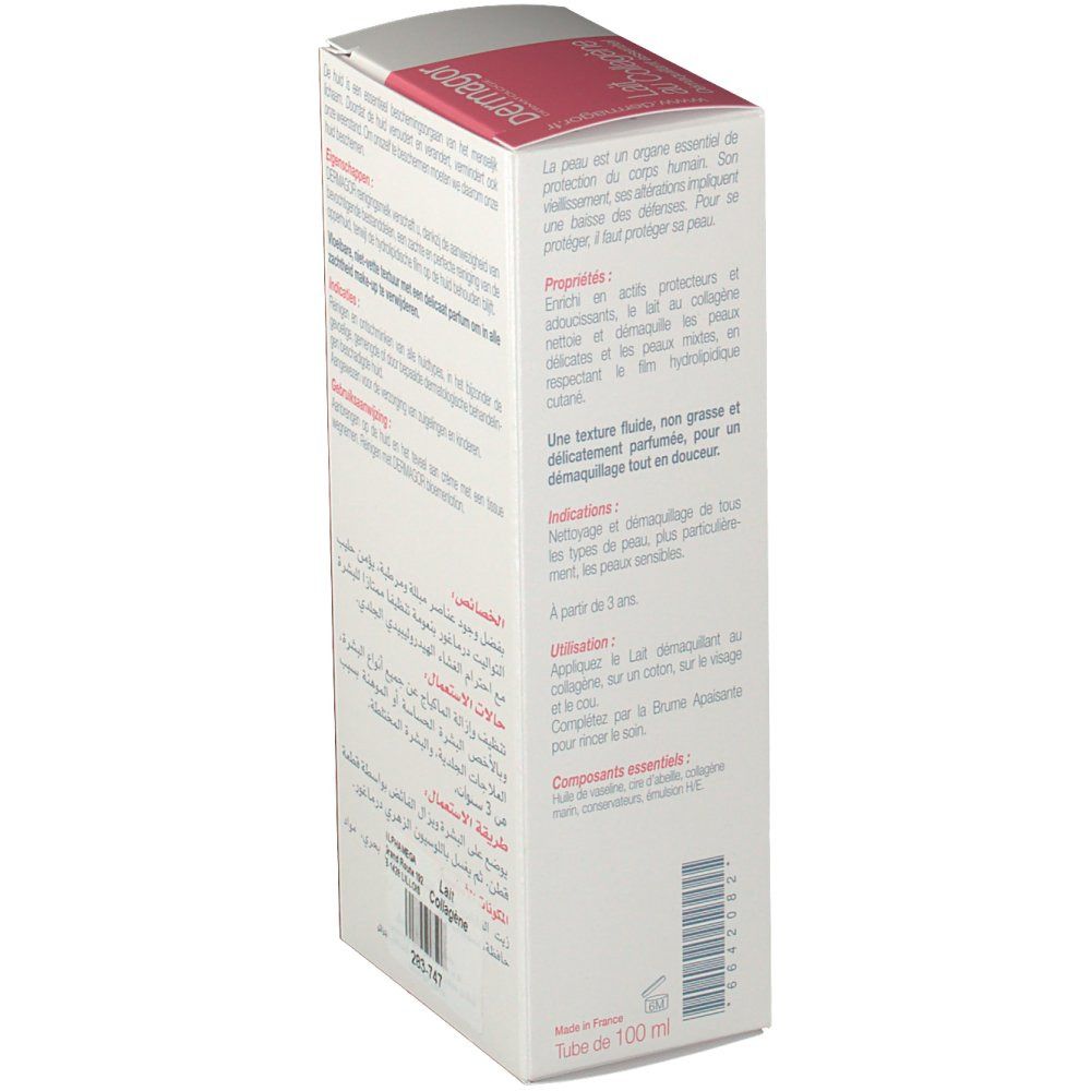 Boîte Dermagor Lait au Collagène, vue latérale. Texte multilingue. Rose et blanc.