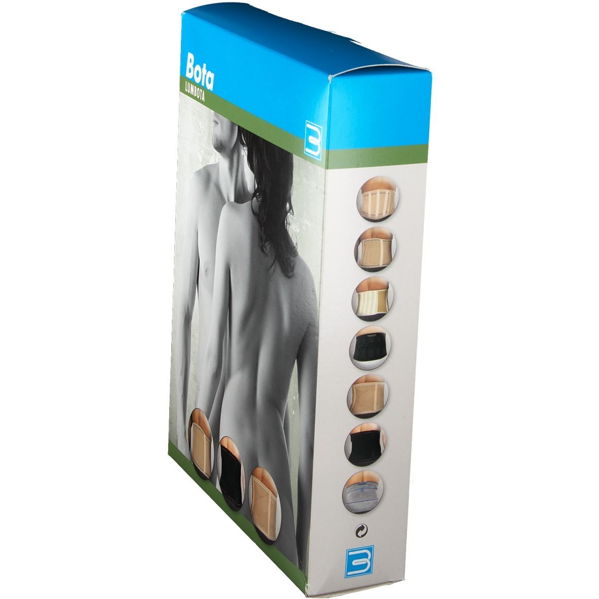 Emballage Bota Lumbota, vue latérale. Nom du produit et illustration de personnes. Plusieurs couleurs de produit en rangée.