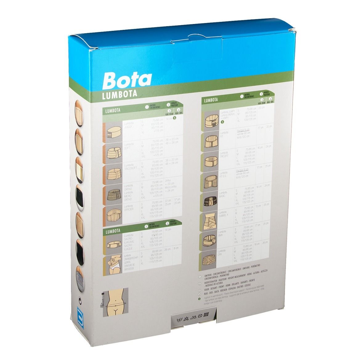Dos de l'emballage Bota Lumbota. Informations et illustrations du produit. Texte en plusieurs langues.
