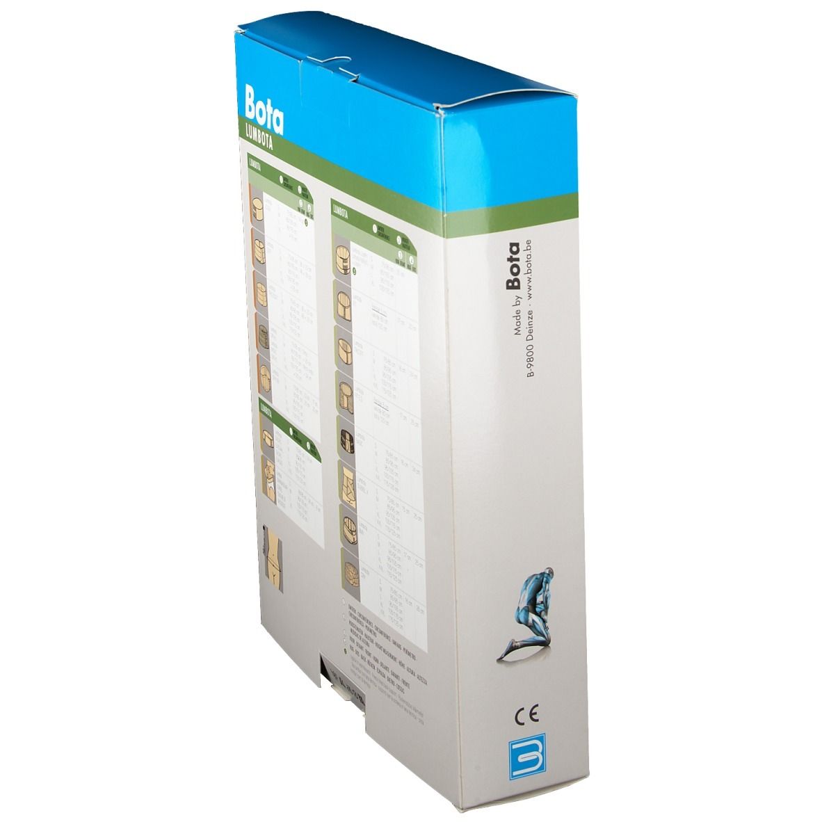 Vue latérale de l'emballage Bota Lumbota. Nom du produit et logo. Texte et illustrations.