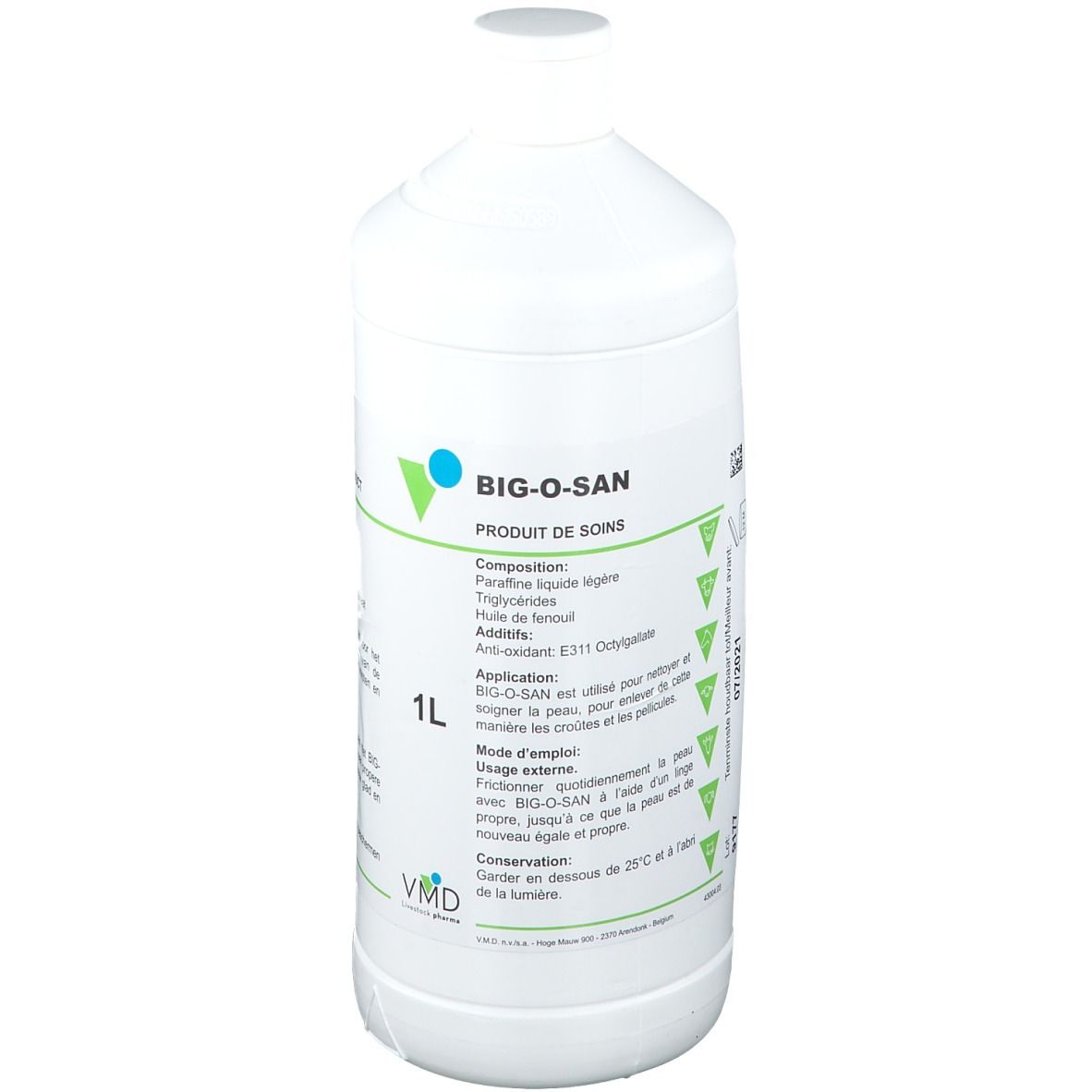 Weiße Flasche mit grün-blauer Beschriftung. Aufschrift: BIG-O-SAN, 1L. Produkt zur Hautpflege. Inhaltsstoffe und Anwendungshinweise.