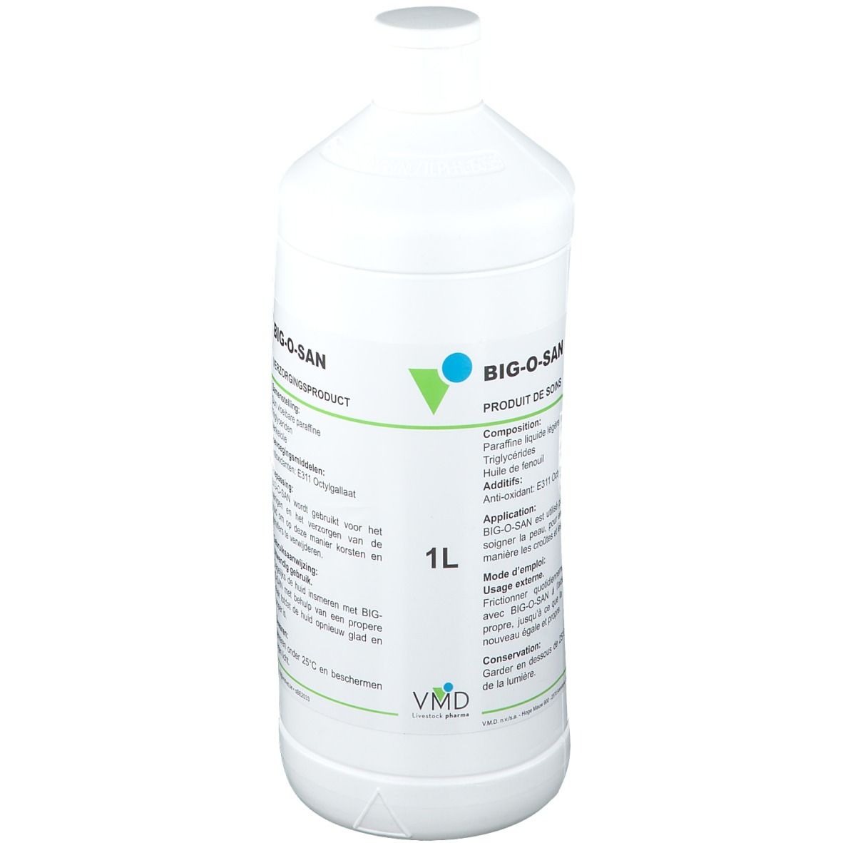 Weiße Flasche mit grün-blauer Beschriftung. Aufschrift: BIG-O-SAN, 1L. Produkt zur Hautpflege. Inhaltsstoffe und Anwendungshinweise.