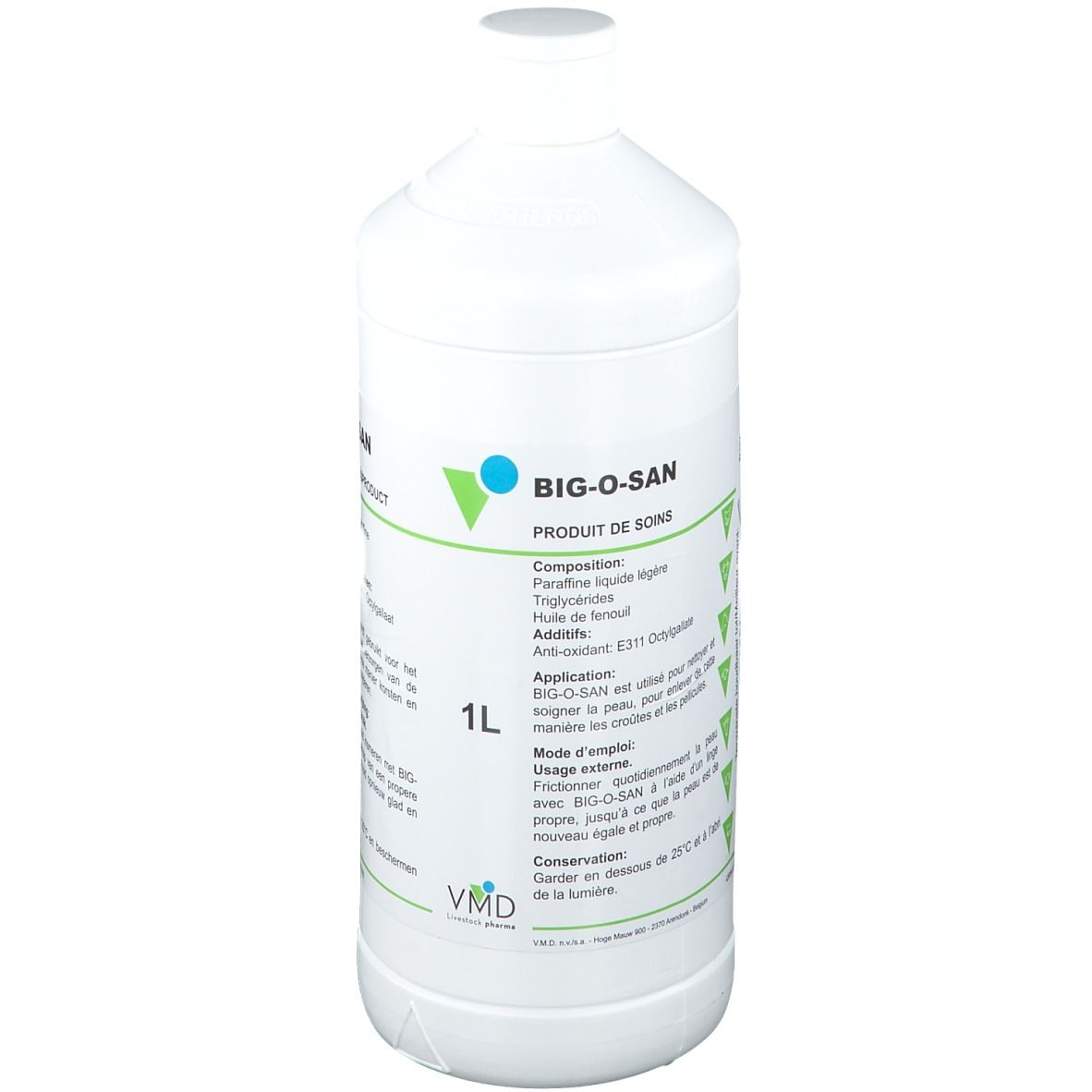 Weiße Flasche mit grün-blauer Beschriftung. Aufschrift: BIG-O-SAN, 1L. Produkt zur Hautpflege. Inhaltsstoffe und Anwendungshinweise.