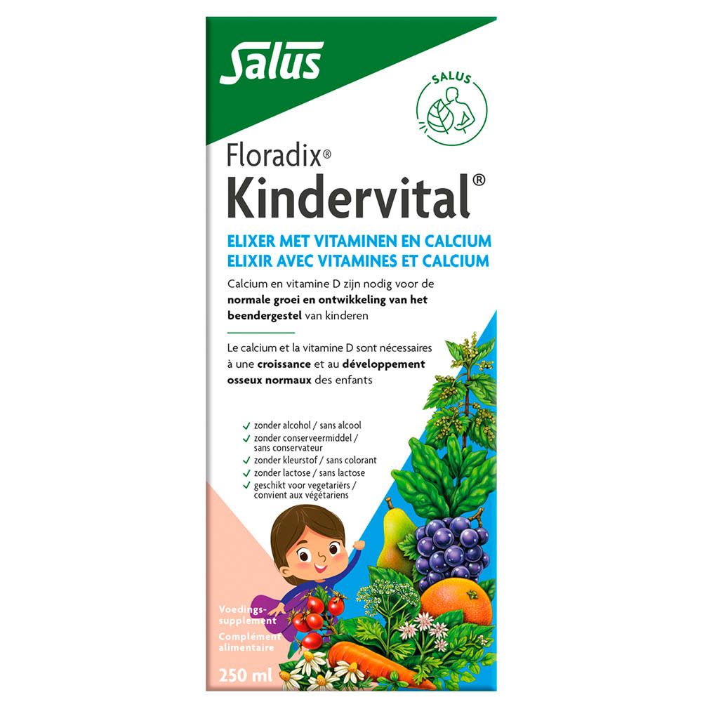 Salus Floradix Kindervital. Emballage. Élixir avec vitamines et calcium. 250 ml. Avec illustration.