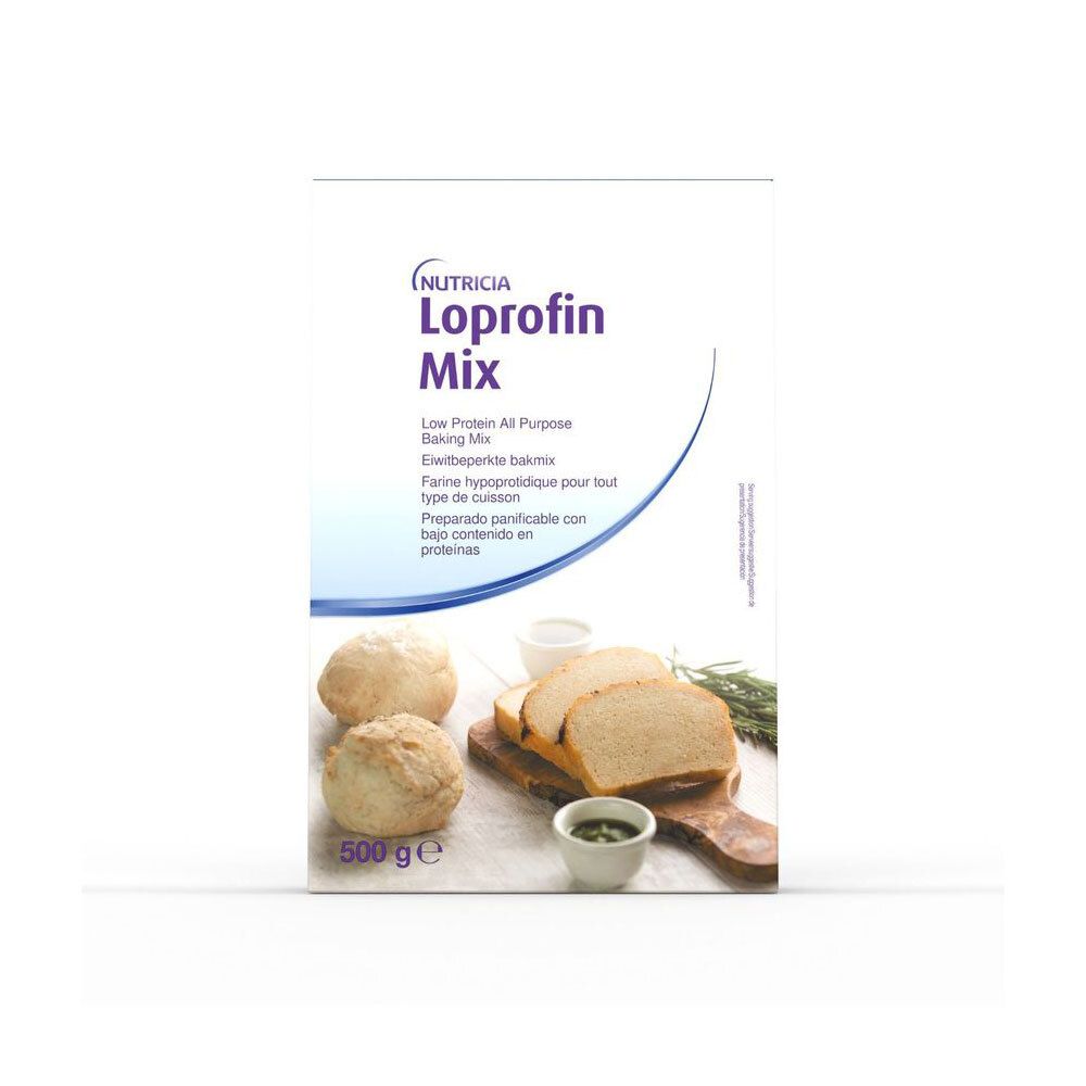 Boîte de Loprofin Mix. Inscription : Nutricia, Loprofin Mix, 500g. Représentation : pain, petits pains, herbes, sauces.